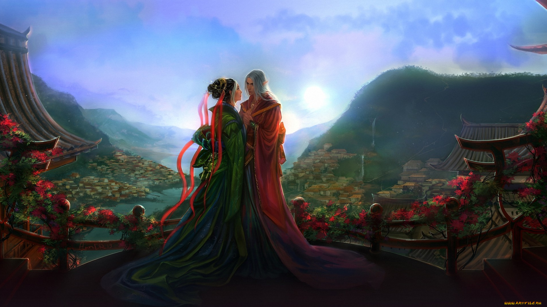 фэнтези, эльфы, пара, любовь, закат, пейзаж, двое