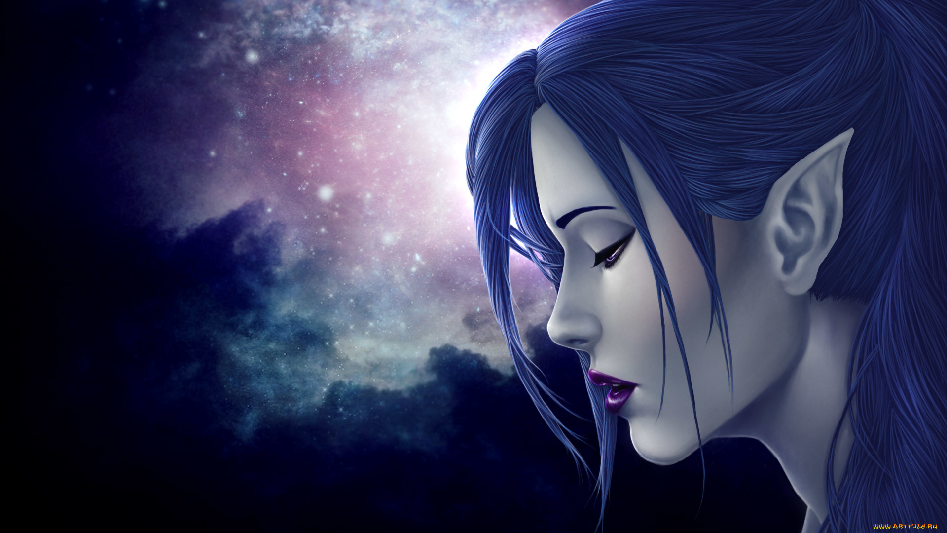 фэнтези, эльфы, синие, волосы, эльф, уши, профиль, лицо