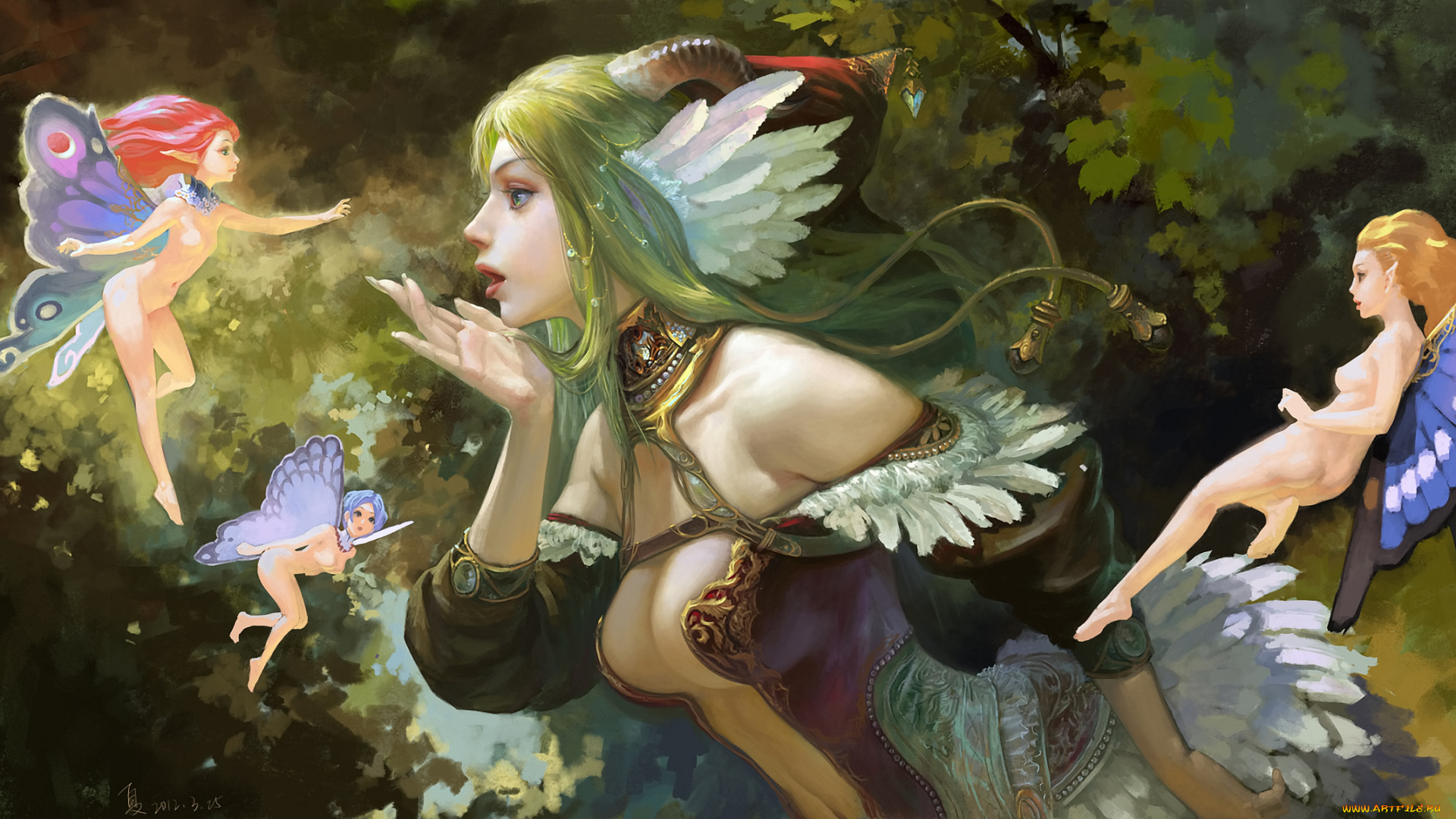 фэнтези, существа, эльфы, девушка, лес, грудь, платье