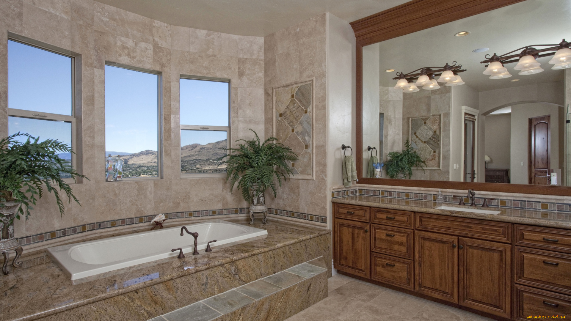 интерьер, ванная, и, туалетная, комнаты, зеркала, ванна