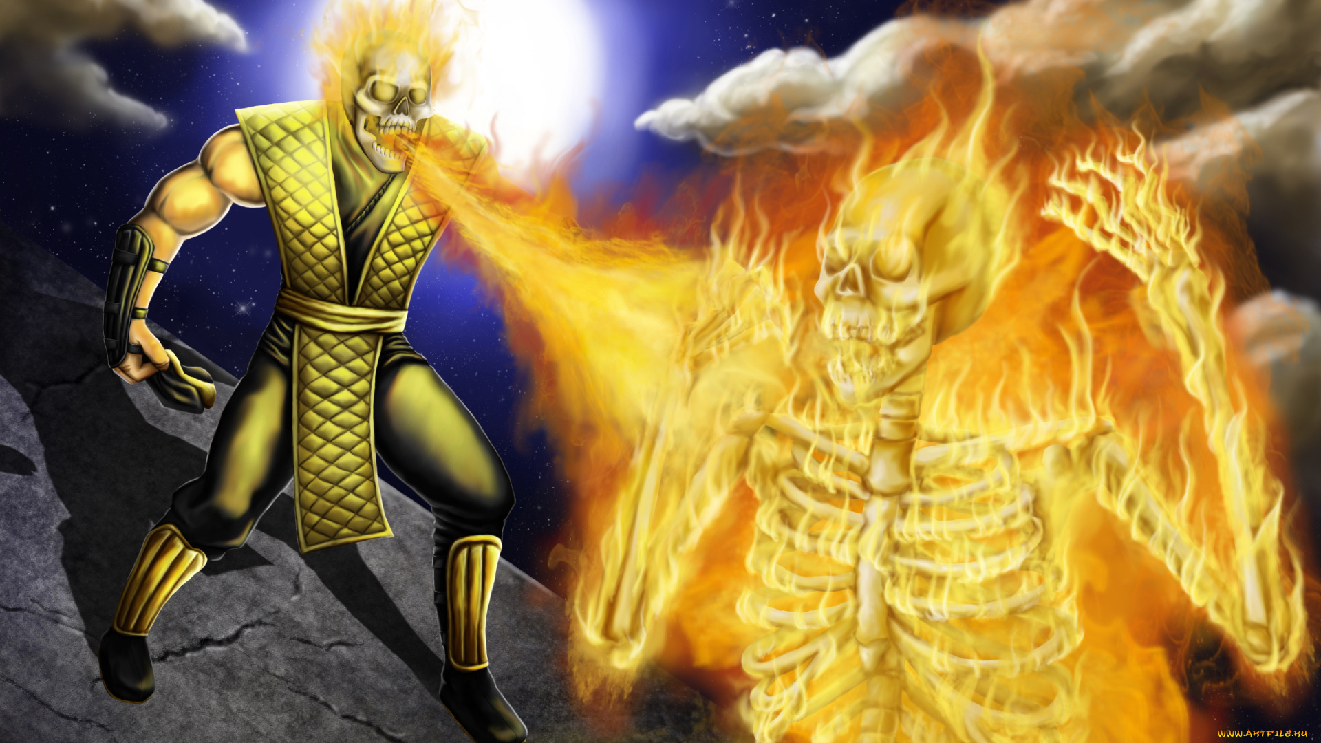 mortal, kombat, видео, игры, mortal, kombat, , 2011, скелет, череп, скорпион, ninja, scorpion, mortal, kombat, фаталити, огонь