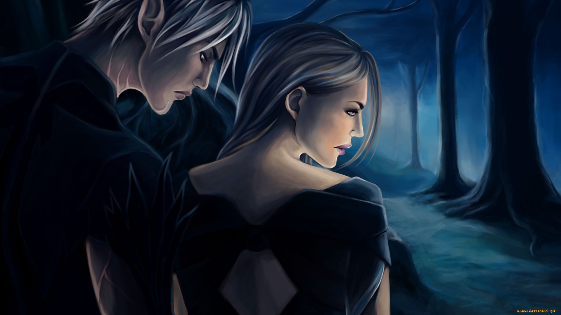 видео, игры, dragon, age, 2, фан, арт, ночь, лес, девушка, парень, эльф