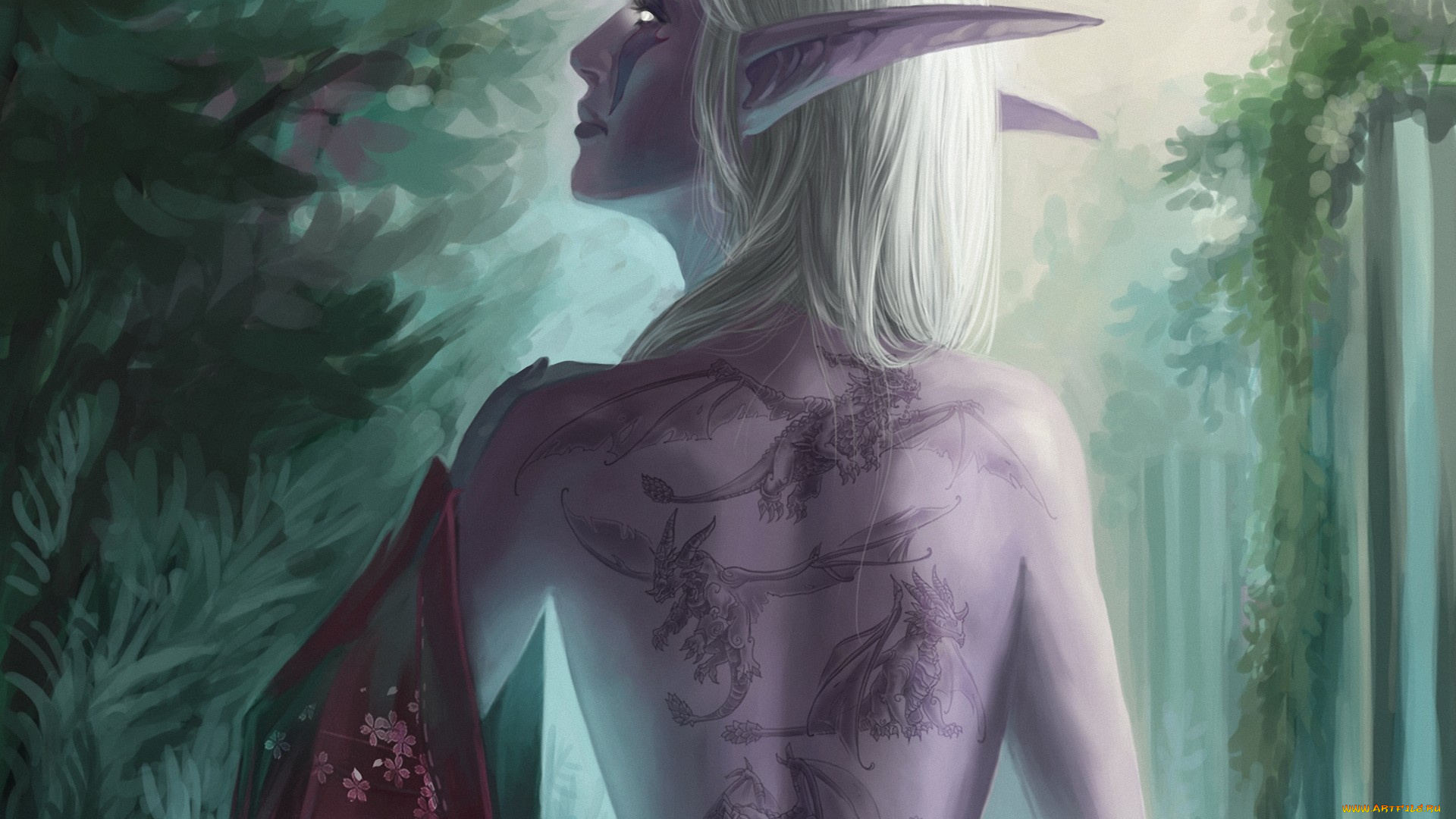 видео, игры, world, of, warcraft, эльф, девушка, эльфийка, ткань, драконы, татуировки, world, of, warcraft, wow, арт, спиной