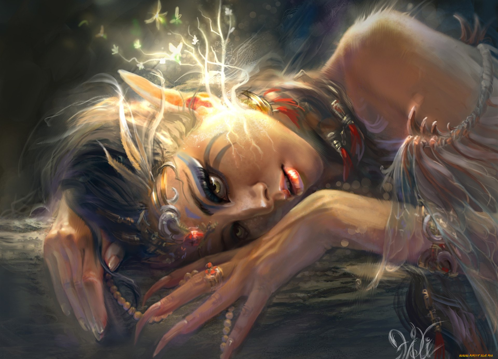 фэнтези, эльфы, эльфийка, лежит, девушка, тату, руки, когти