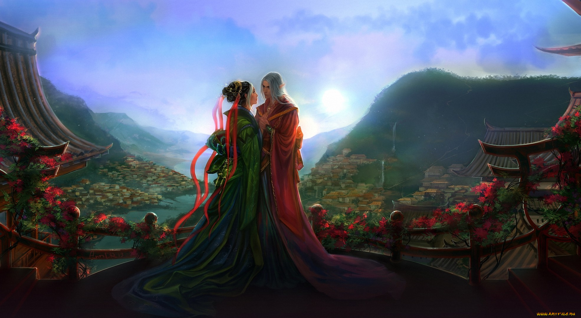 фэнтези, эльфы, пара, любовь, закат, пейзаж, двое