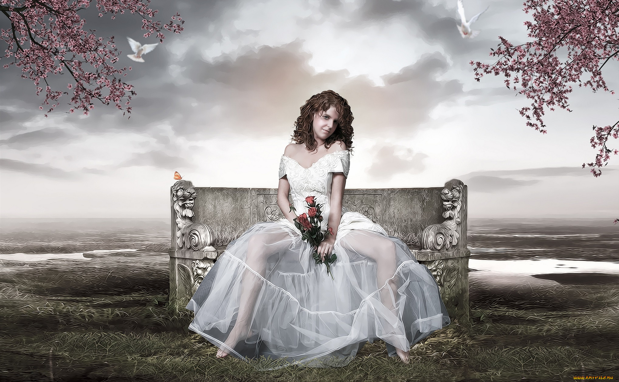 фэнтези, фотоарт, наряд, скамья, девушка, букет, поле