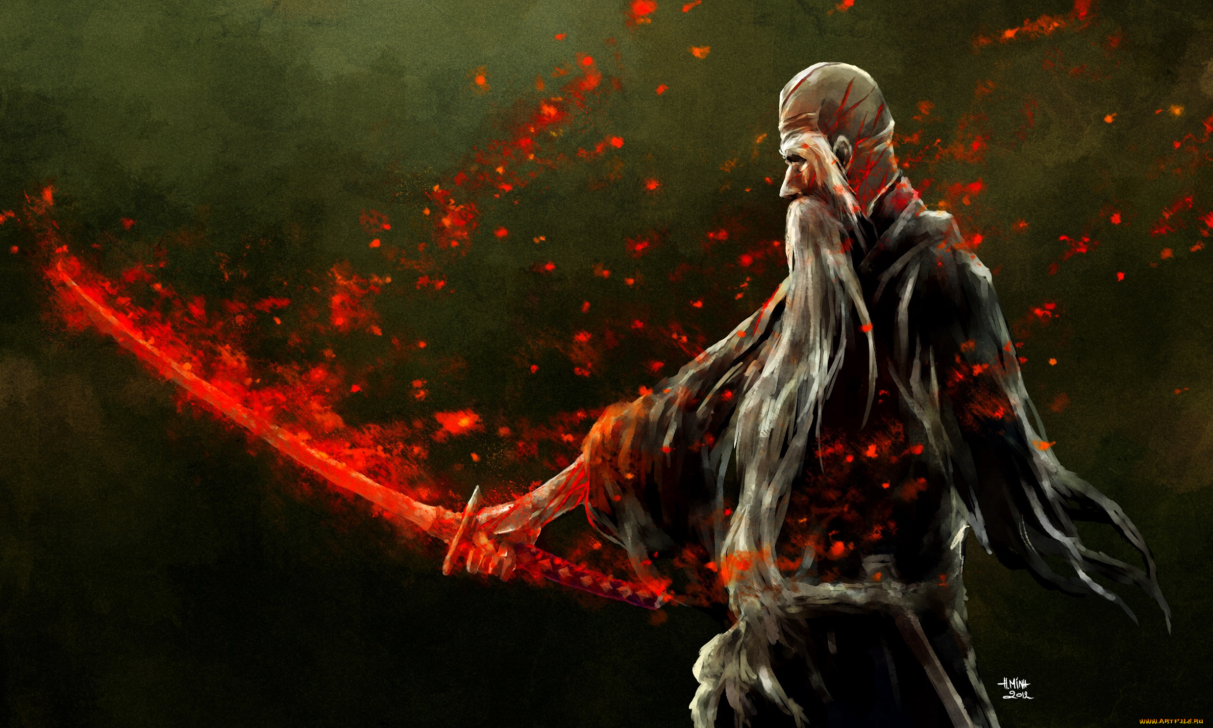 аниме, bleach, огонь, главный, меч, старик, блич, арт