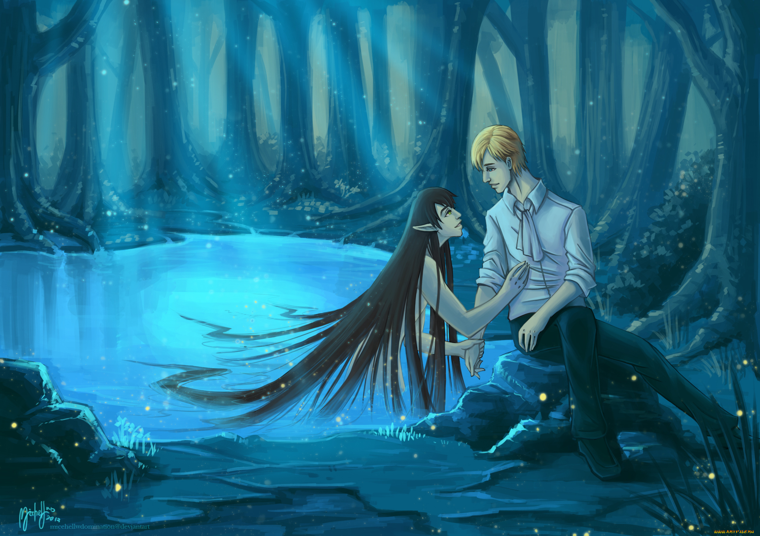 фэнтези, эльфы, лес, озеро, человек, эльф, стволы