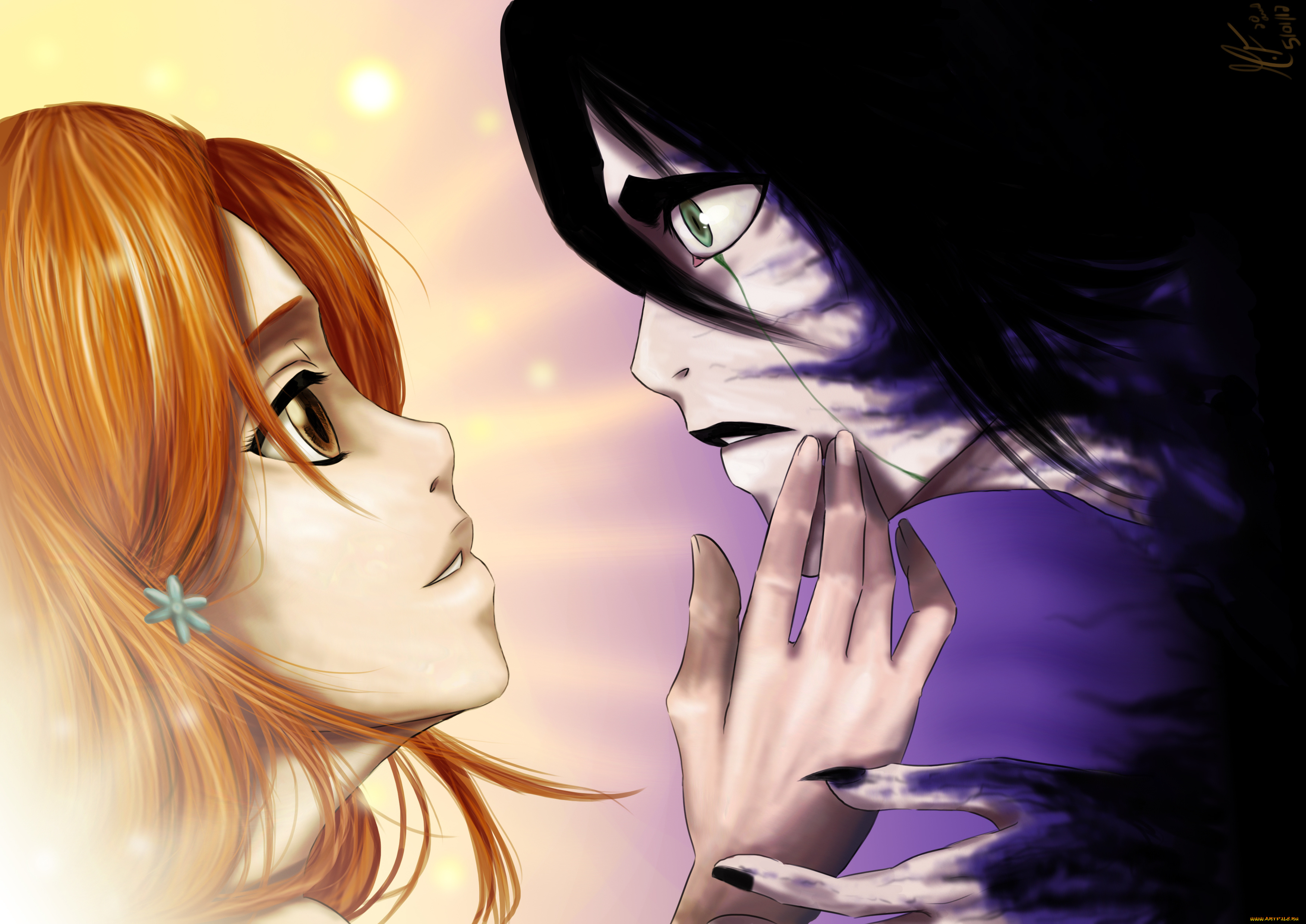 аниме, bleach, взгляд, девушка, парень, нежность, улькиорра, орихиме