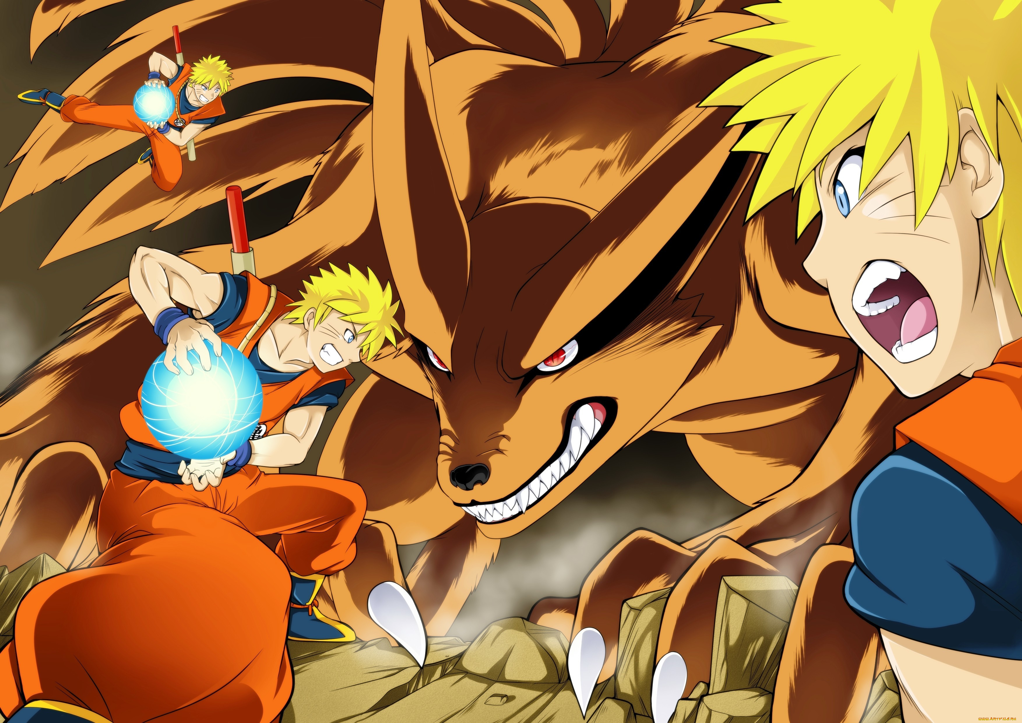 аниме, naruto, наруто, кьюби, разенган, бой, клоны