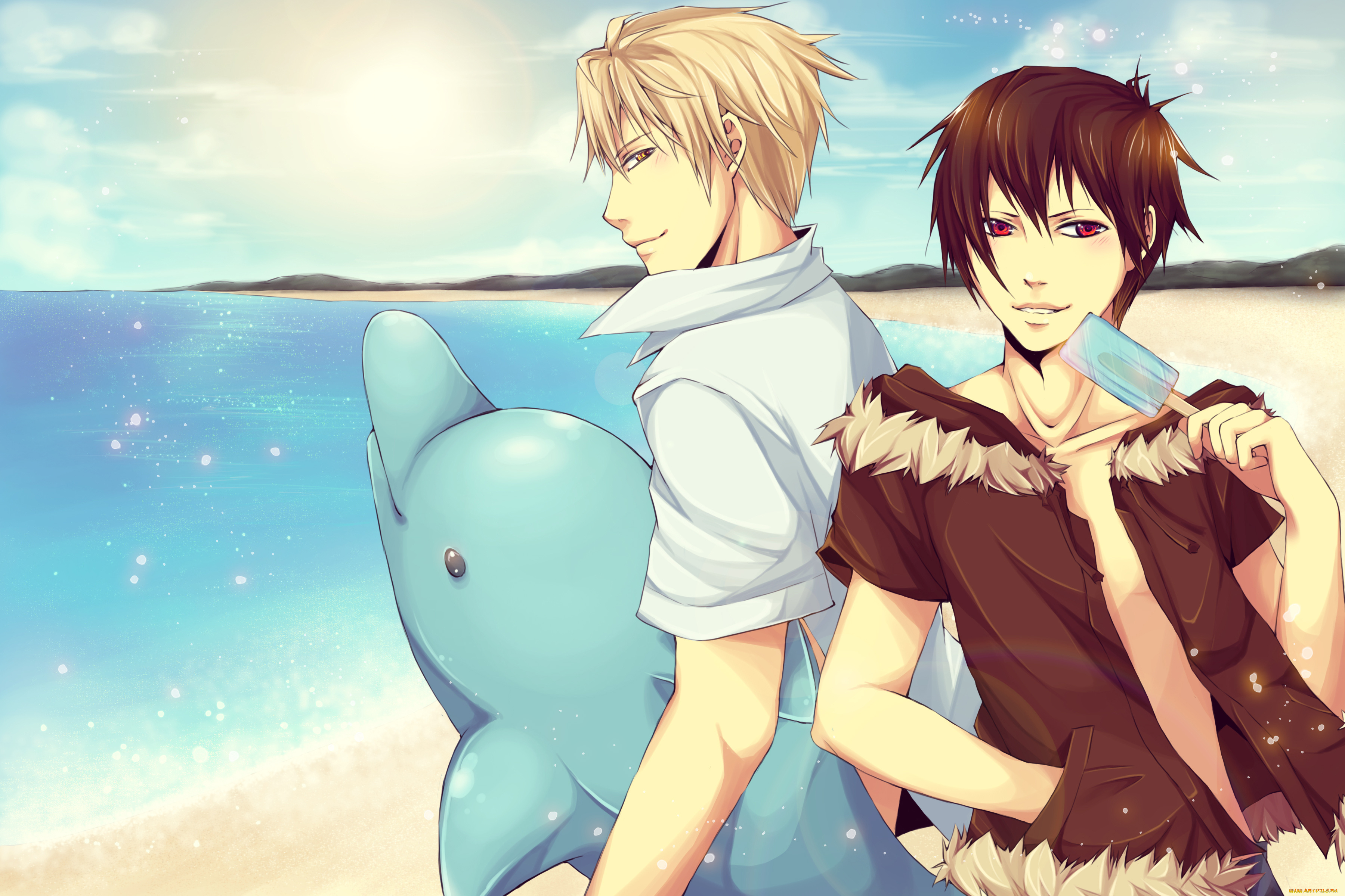 аниме, dyurarara, солнце, шизуо, парни, пляж, море, изая, песок, дюрарара, дельфин