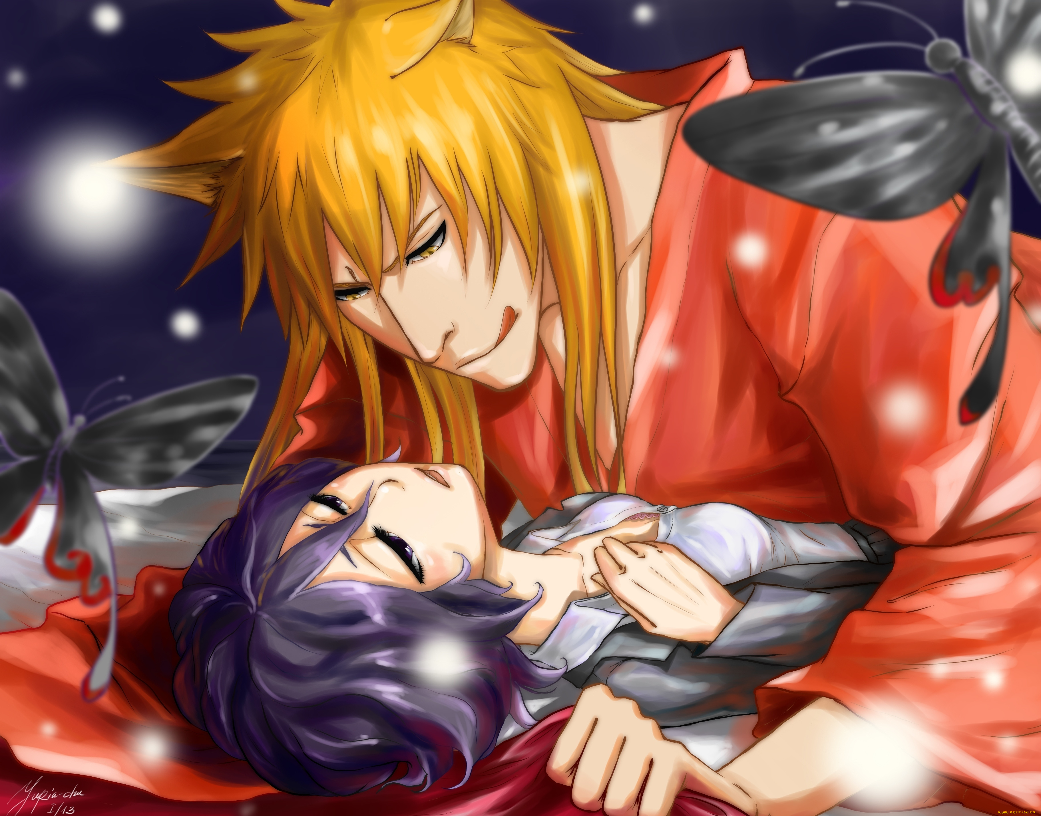 аниме, bleach, парень, брюнетка, девушка, рыжий, рукия, ичиго, арт, блич