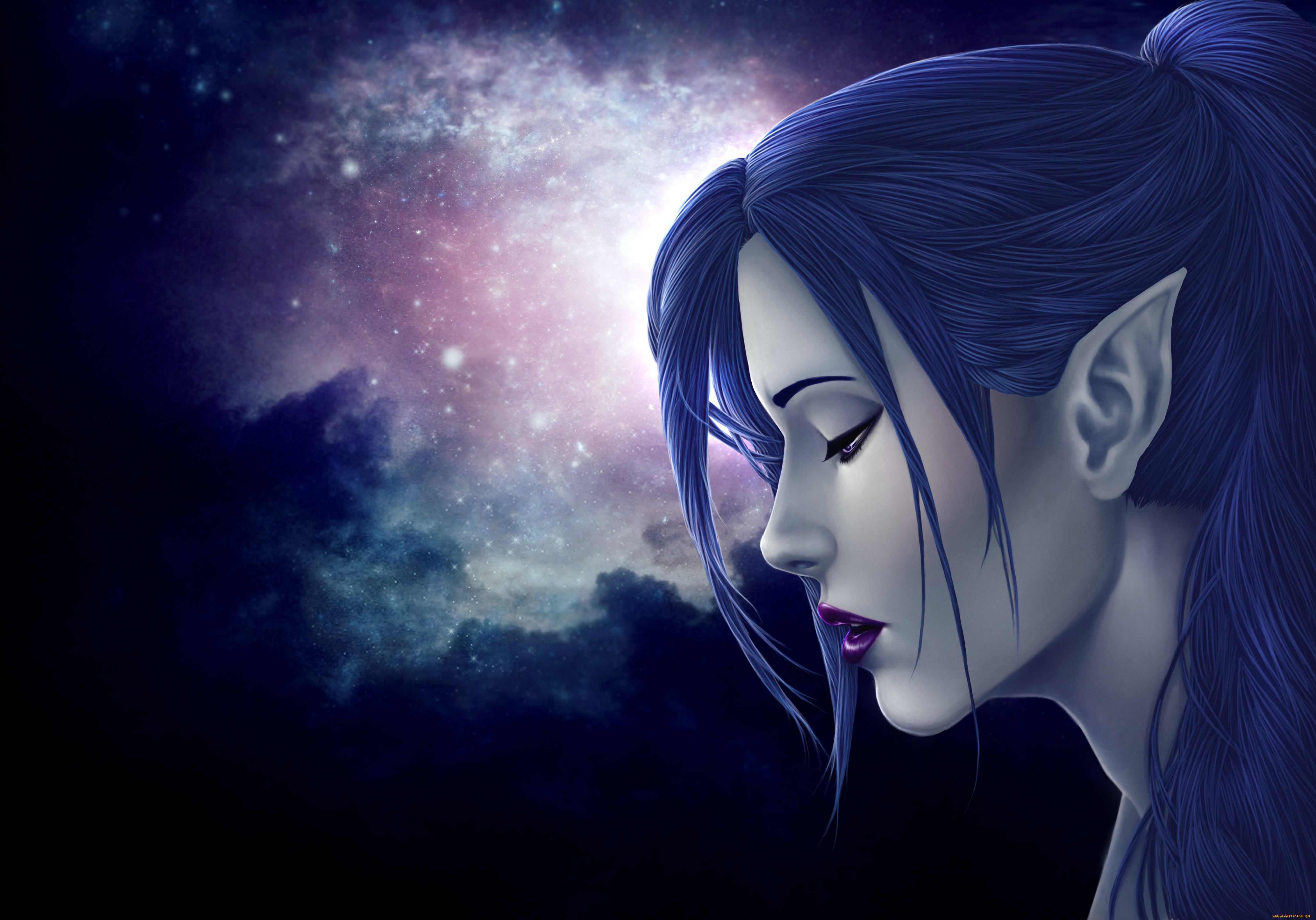 фэнтези, эльфы, синие, волосы, эльф, уши, профиль, лицо