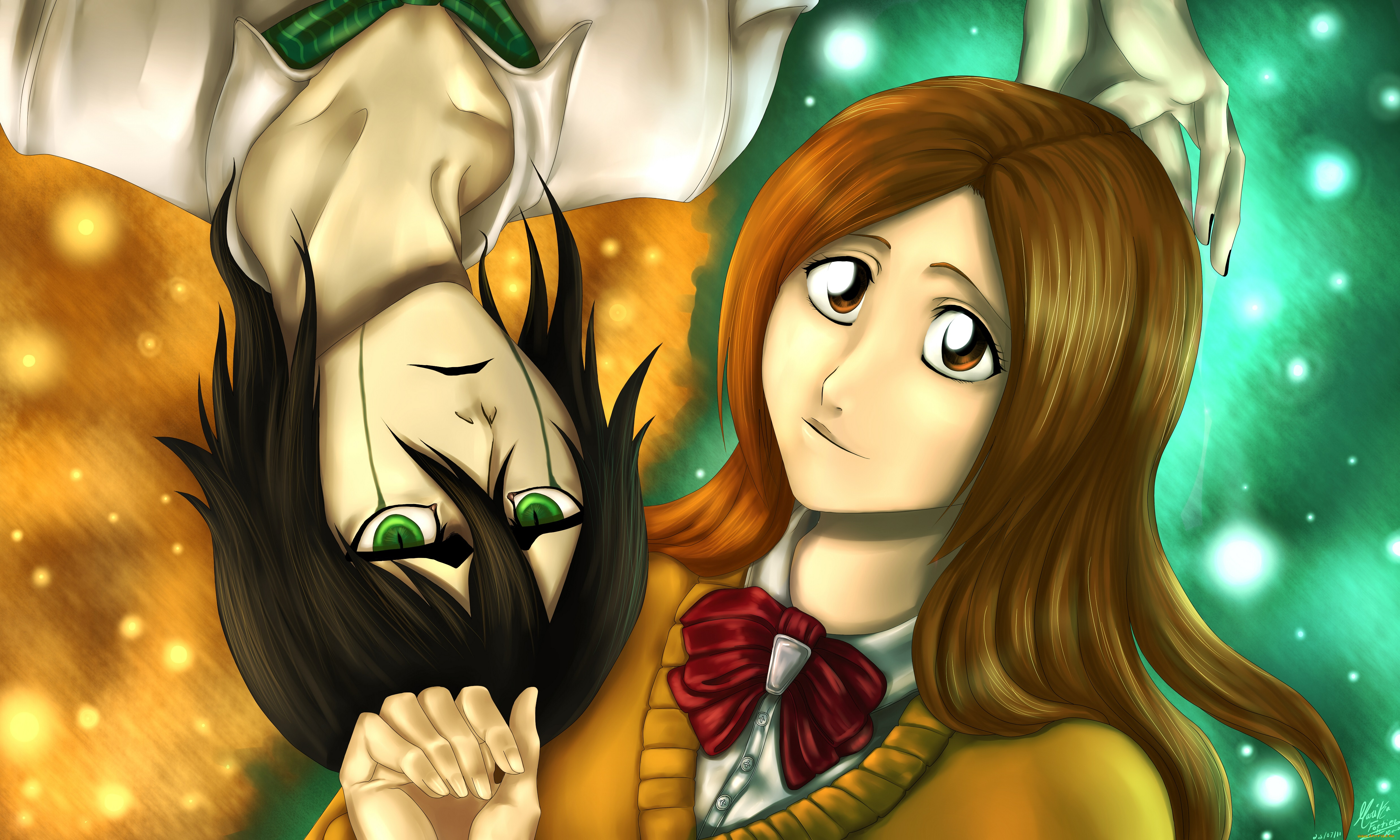 аниме, bleach, улькиорра, орихиме, рыжая, брюнет, девушка, парень, блич