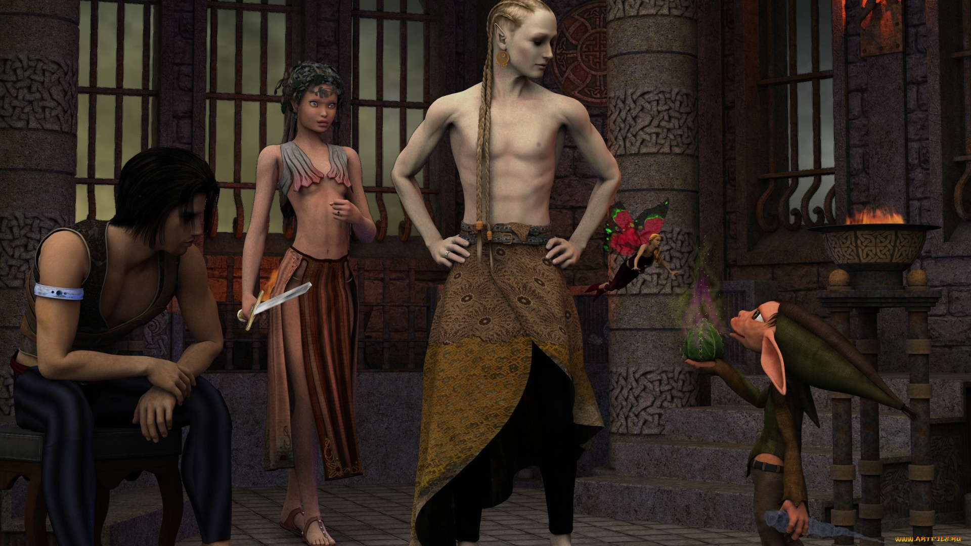 3д, графика, фантазия, , fantasy, взгляд, девушка, троль, мужчины, оружие, фон