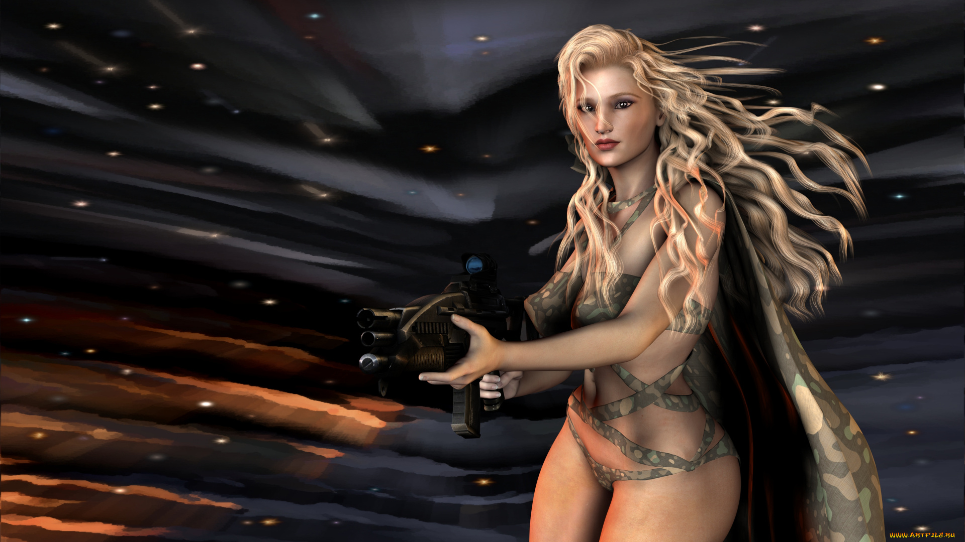 3д, графика, фантазия, , fantasy, взгляд, оружие, фон, девушка