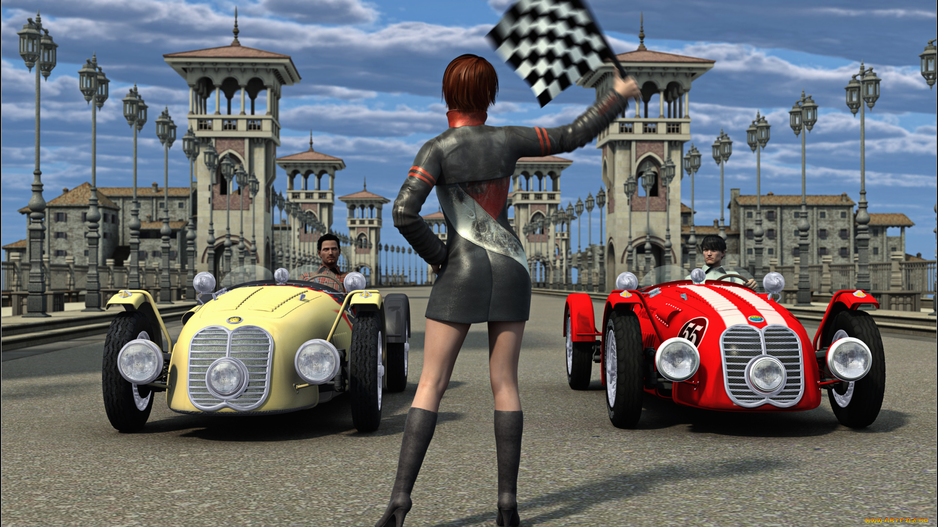 3д, графика, люди, , people, фон, взгляд, автомобили, гонка, флаг, девушка