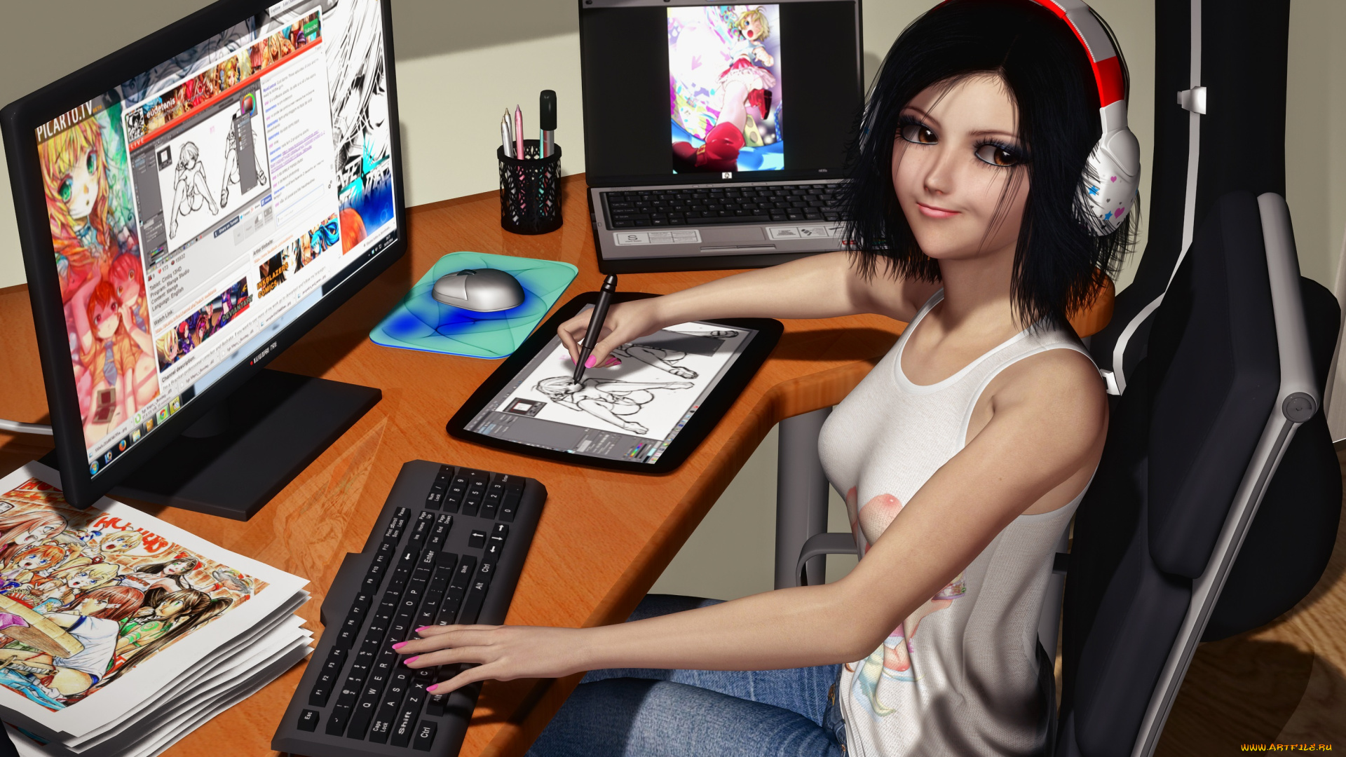 3д, графика, люди, , people, стул, стол, улыбка, фон, взгляд, компьютер, девушка