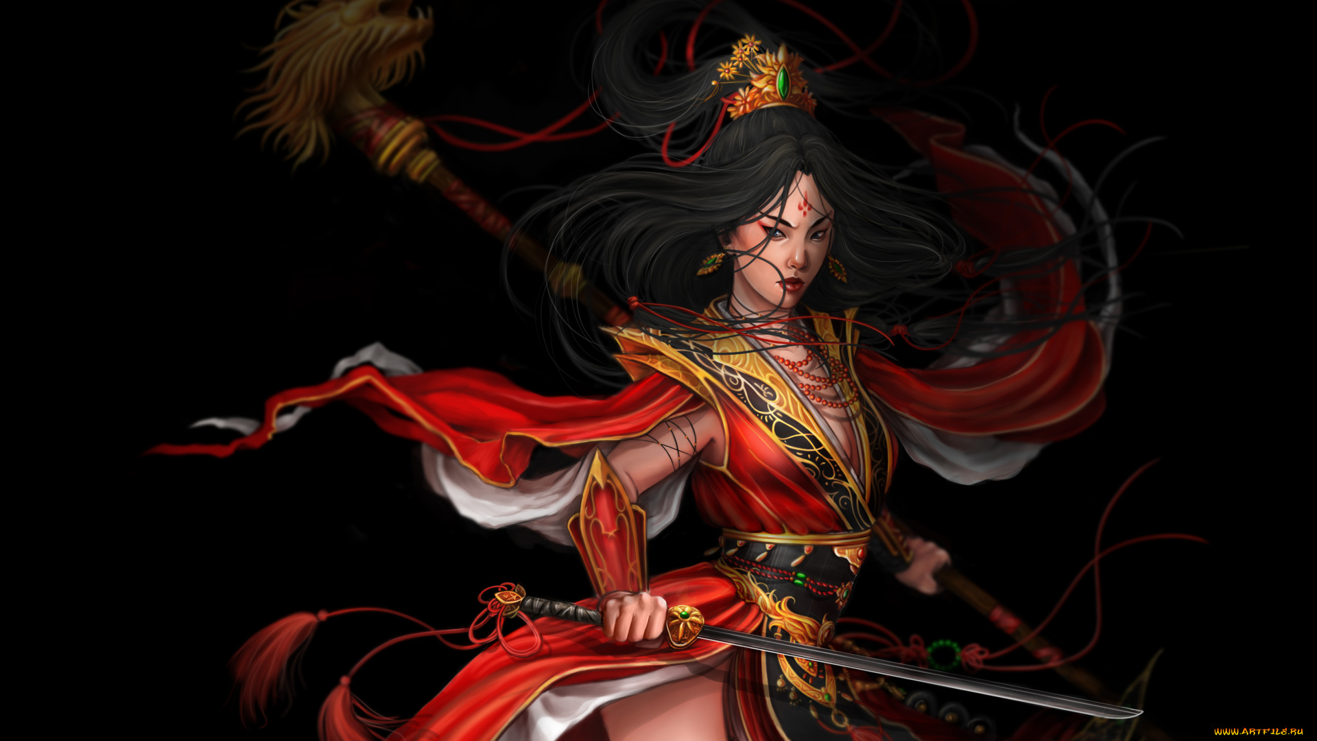 фэнтези, девушки, девушка, арт, поза, оружие, взгляд, самурай, фантастика, черный, фон