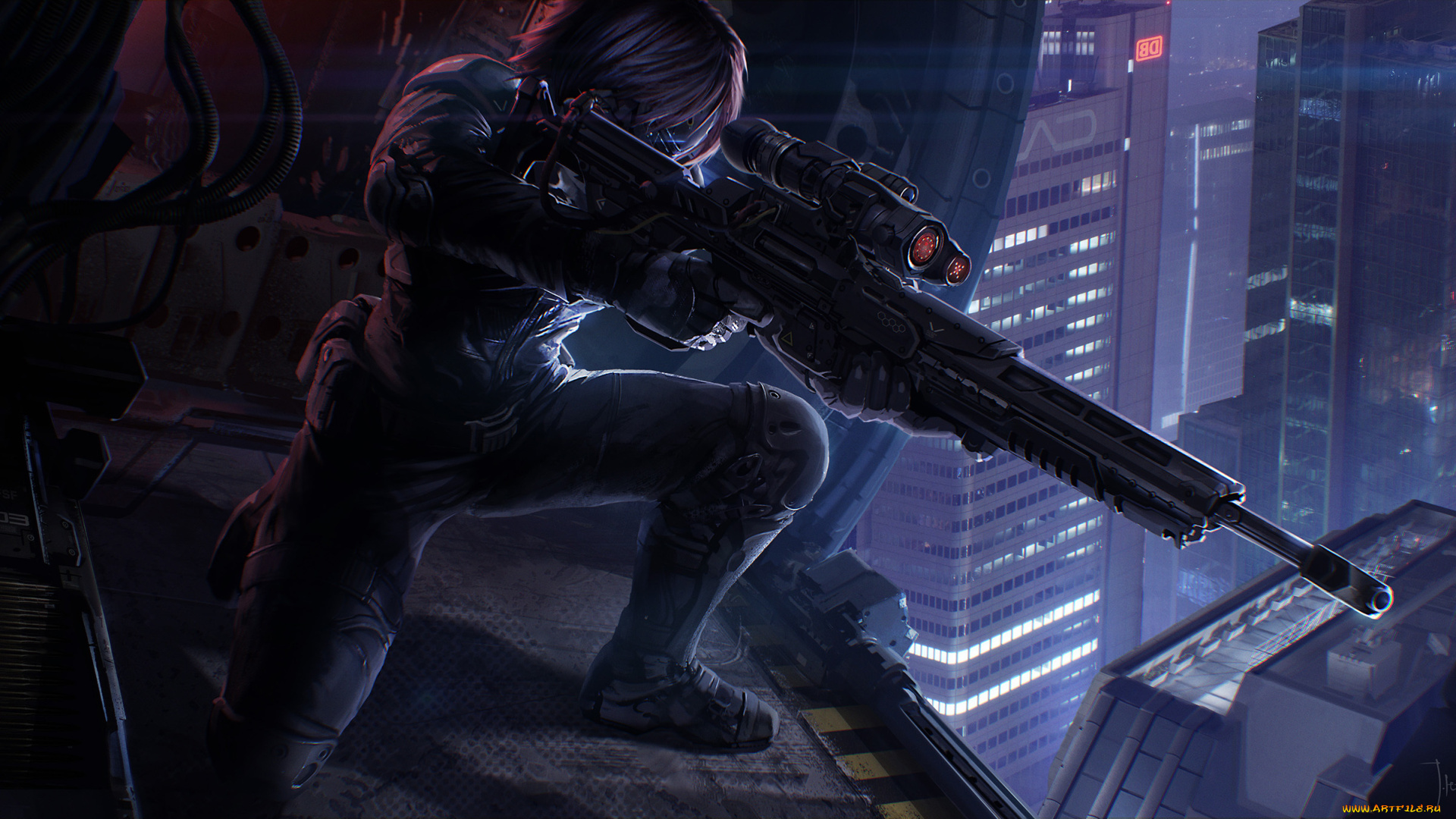 фэнтези, люди, высотки, небоскребы, снайпер, винтовка, костюм, арт