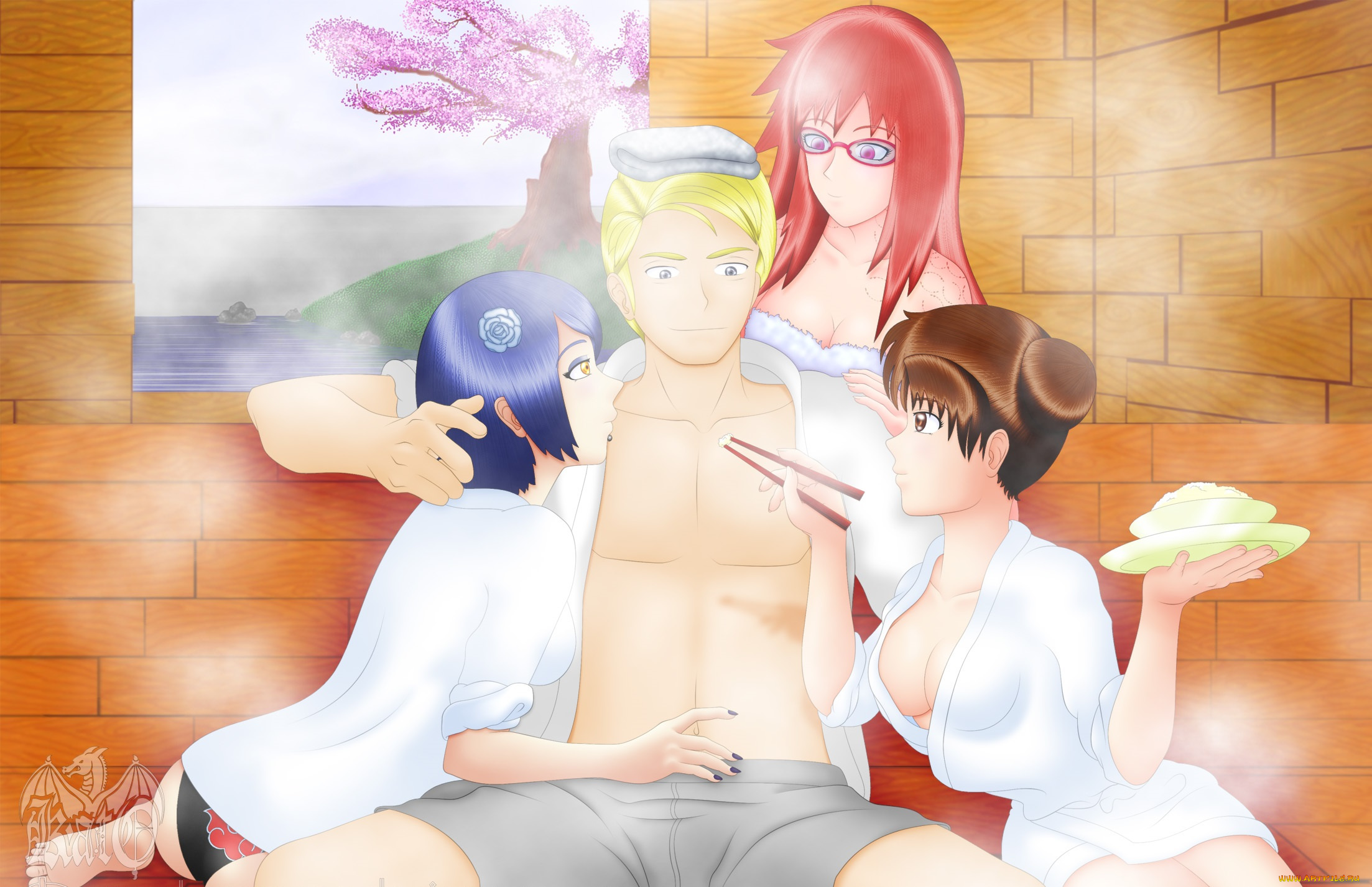 рисованное, -, , , аниме, парень, взгляд, фон, девушки