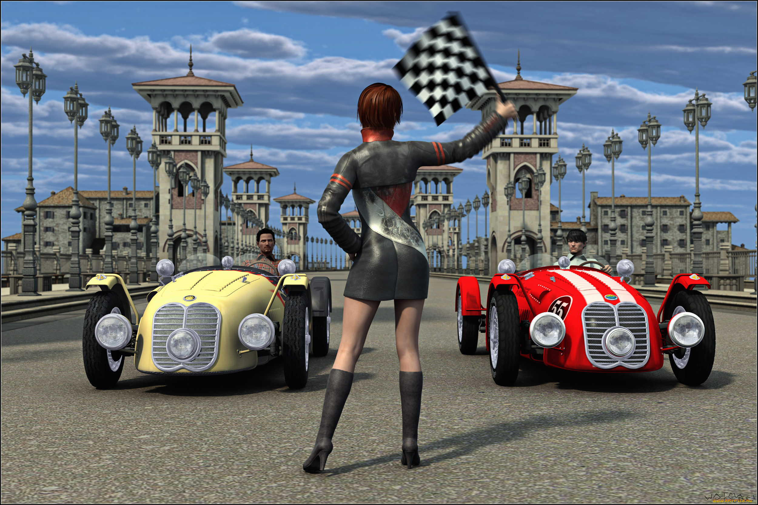 3д, графика, люди, , people, фон, взгляд, автомобили, гонка, флаг, девушка