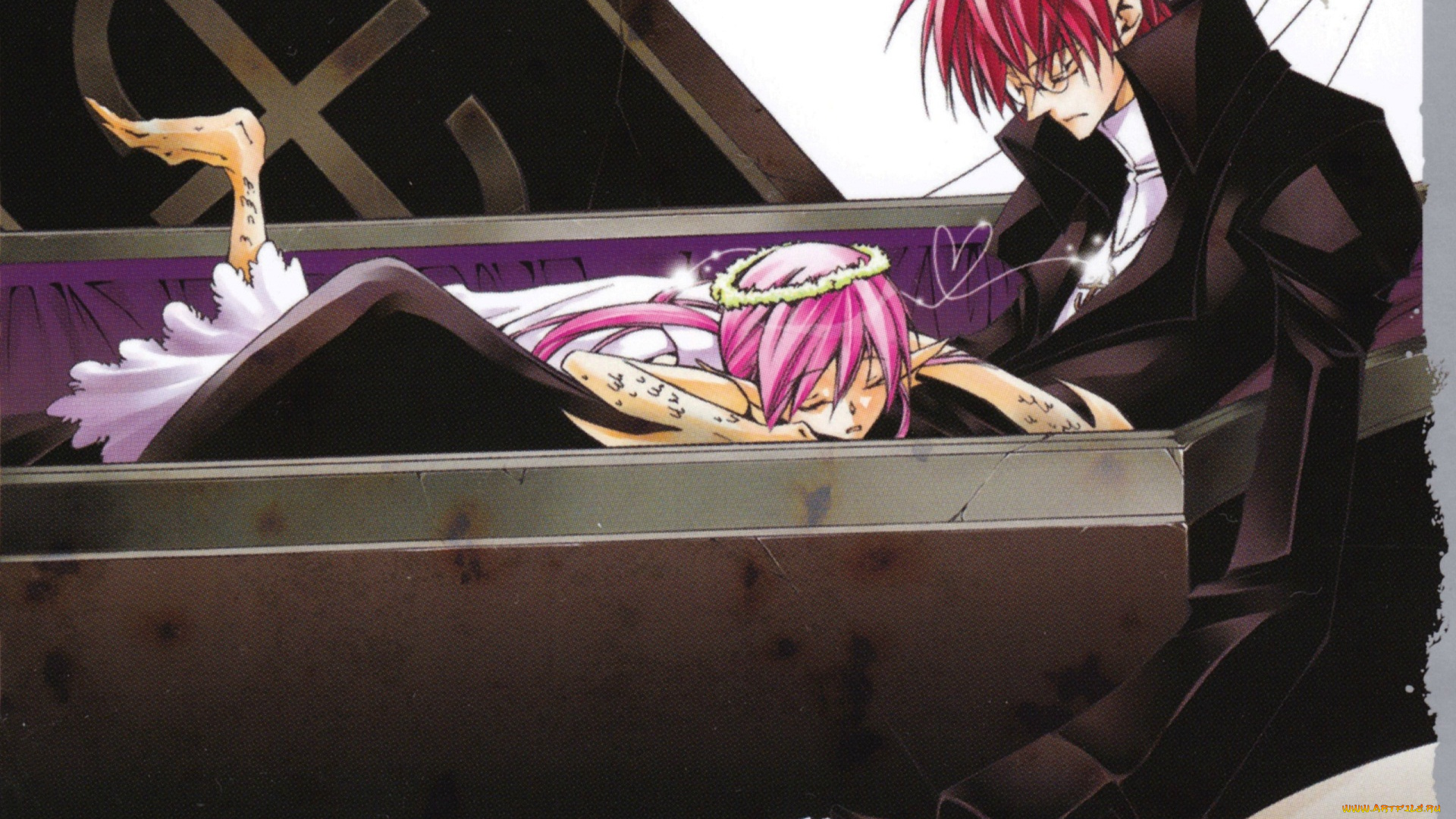 аниме, 07, ghost, 07-ghost, art, yuki, amemiya, castor, гроб, венок, кости, розовые, волосы, двое