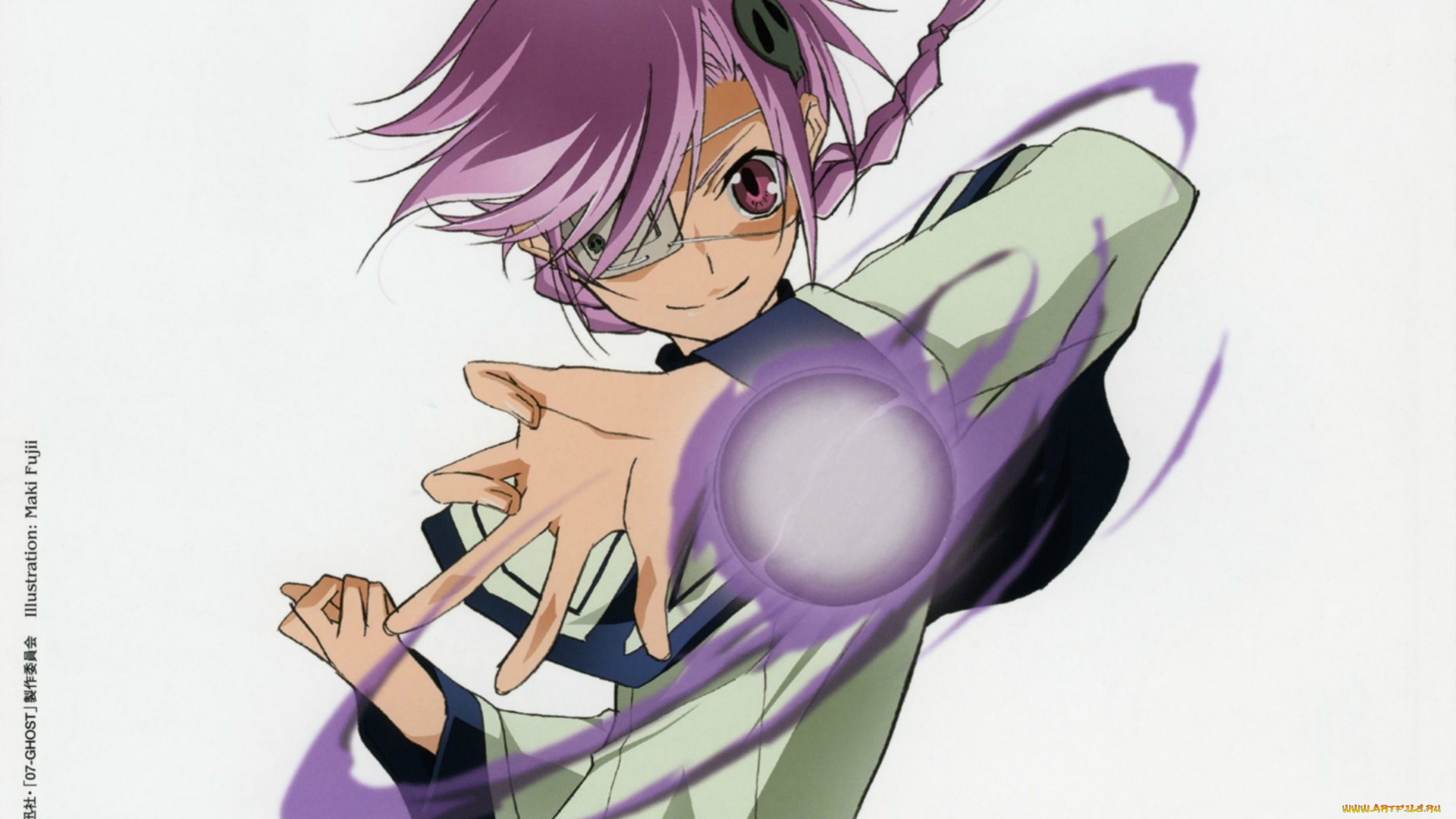 аниме, 07, ghost, art, maki, fujii, 07-ghost, kuroyuri, магия, повязка, косичка, челка, руки, вихрь, серый, фон