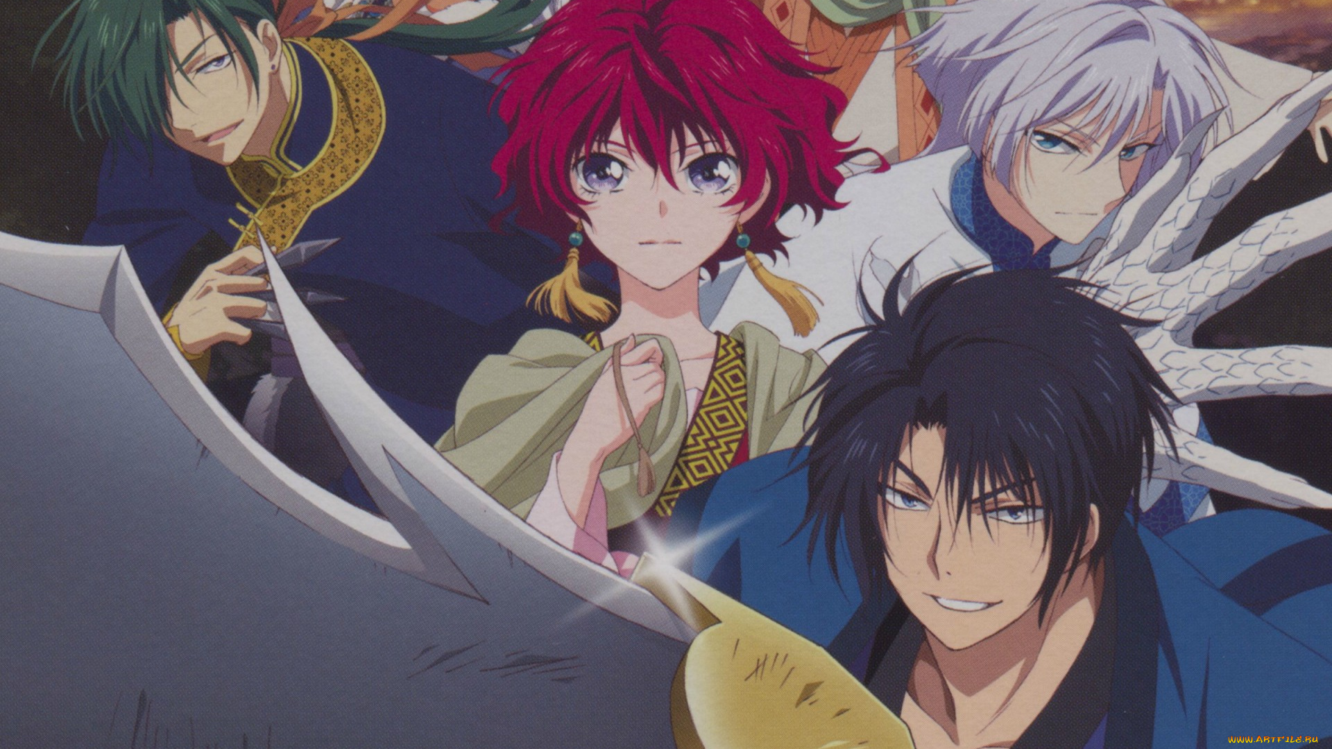 аниме, akatsuki, no, yona, shin-ah, hak, yona, akatsuki, no, mizuho, kusanagi, art, рассвет, йоны, взгляд, улыбка, друзья