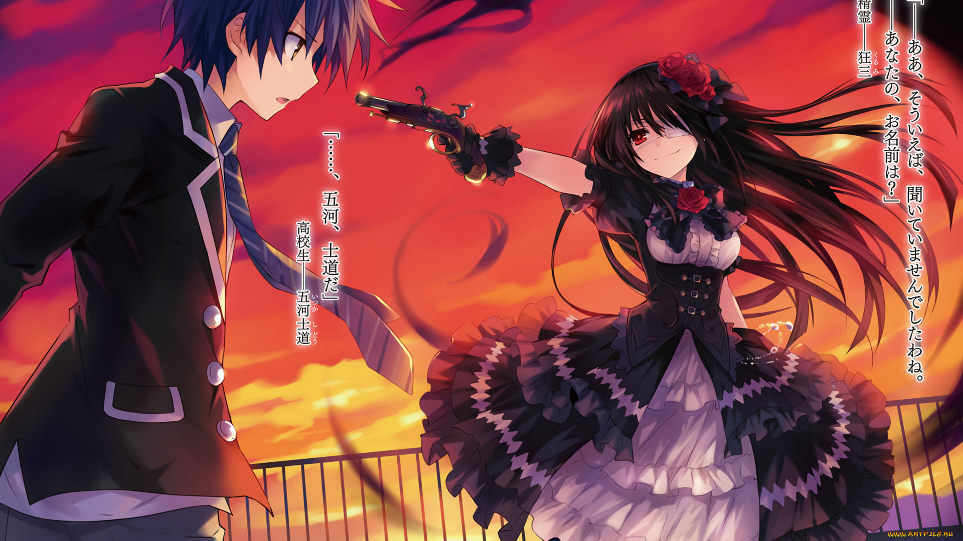 аниме, date, a, live, парень, пистолет, девушка, закат
