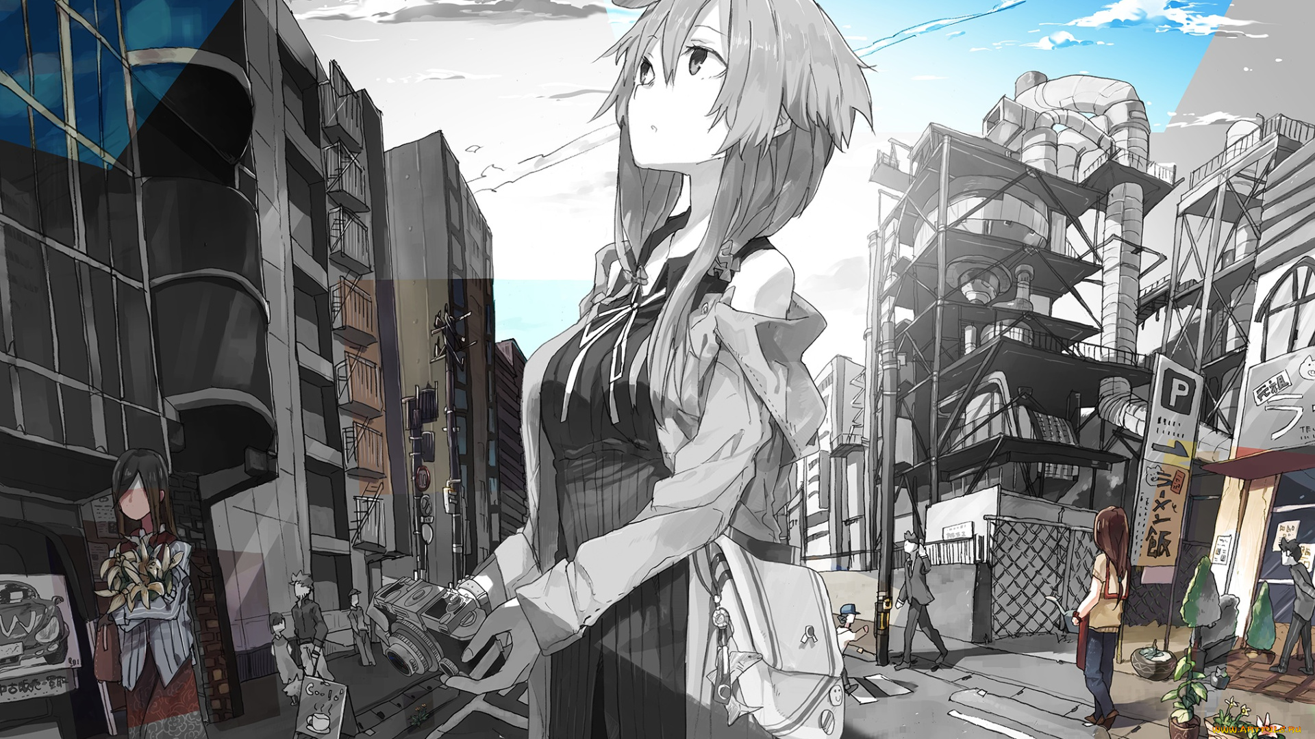 аниме, город, , улицы, , здания, люди, арт, hitomai