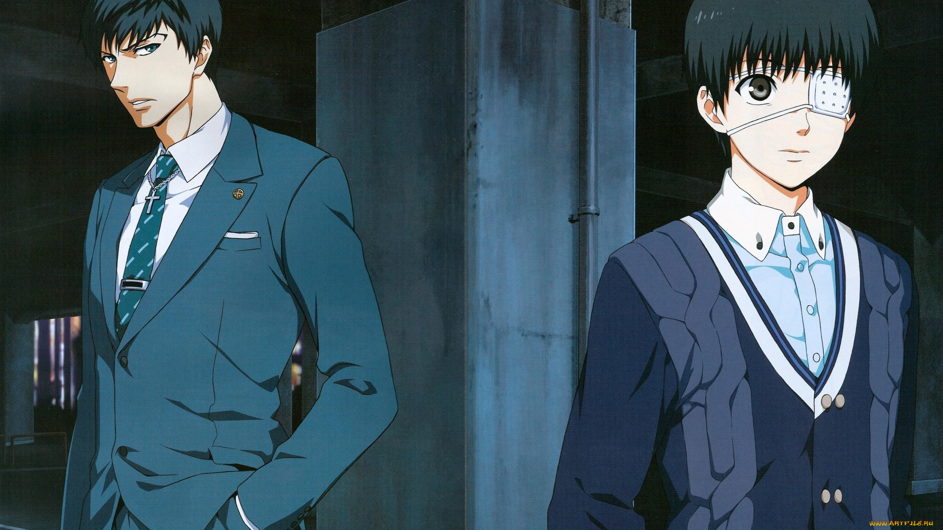 аниме, tokyo, ghoul, ken, kaneki, tokyo, ghoul, повязка, двое, sui, ishida, галстук, art, костюм, amon, koutarou