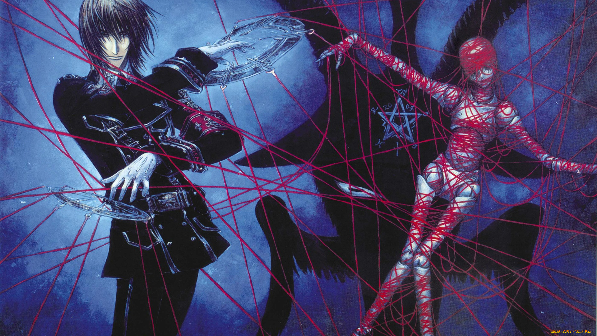 аниме, trinity, blood, dietrich, von, lohengrin, черная, магия, кровь, триединства, trinity, blood, art, shibamoto, thres, кукла, вуду, пентаграмма, красная, нить