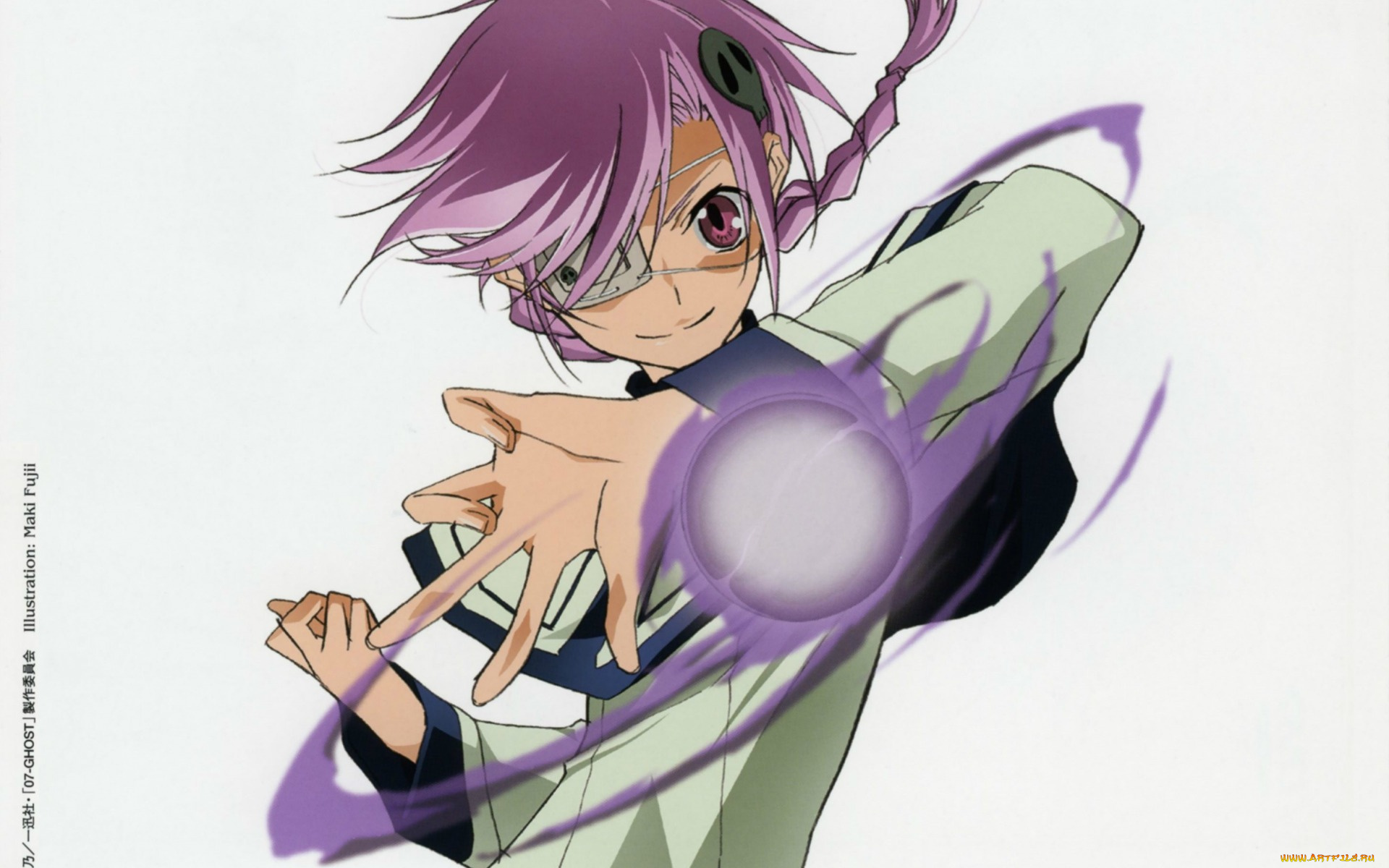 аниме, 07, ghost, art, maki, fujii, 07-ghost, kuroyuri, магия, повязка, косичка, челка, руки, вихрь, серый, фон
