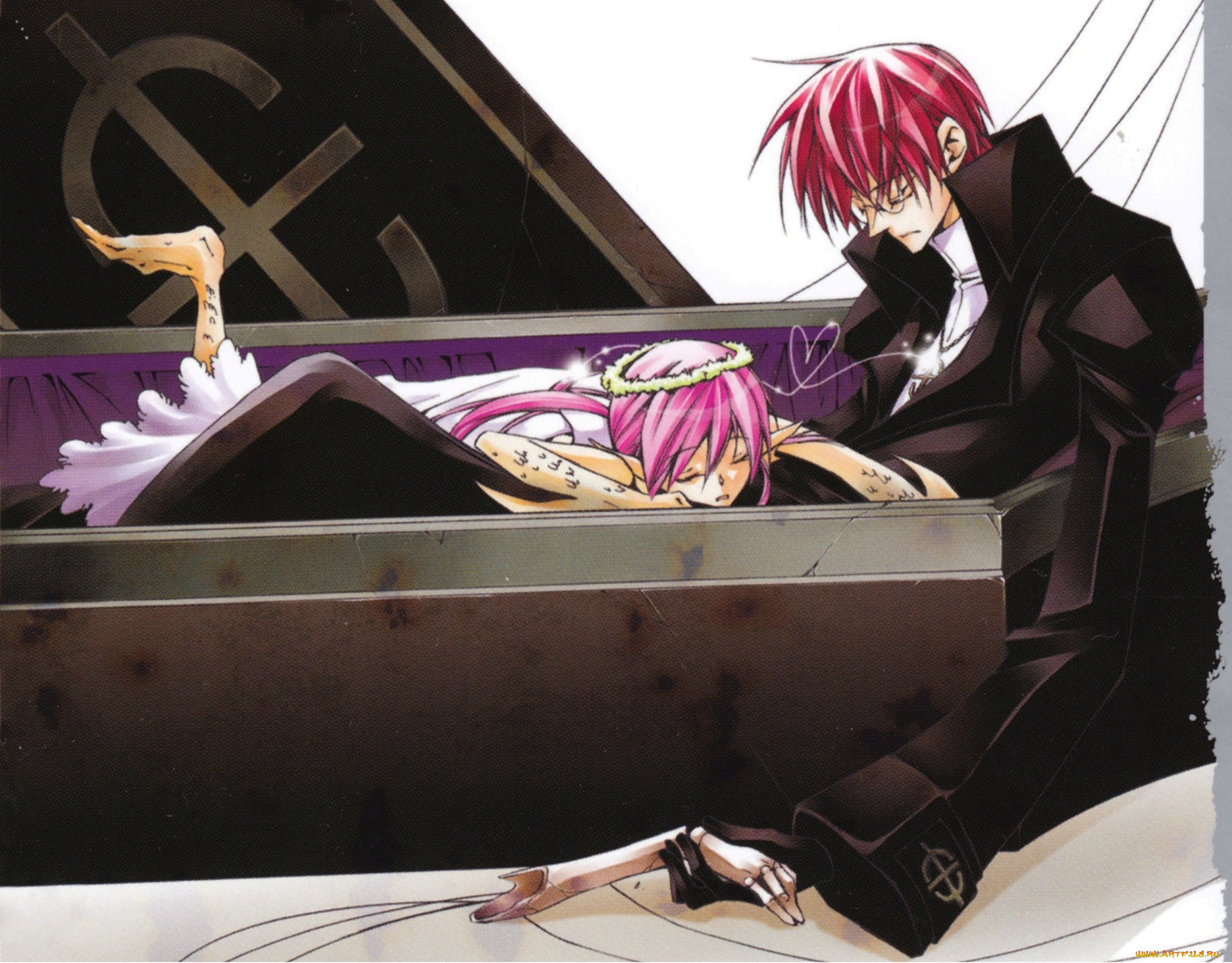 аниме, 07, ghost, 07-ghost, art, yuki, amemiya, castor, гроб, венок, кости, розовые, волосы, двое