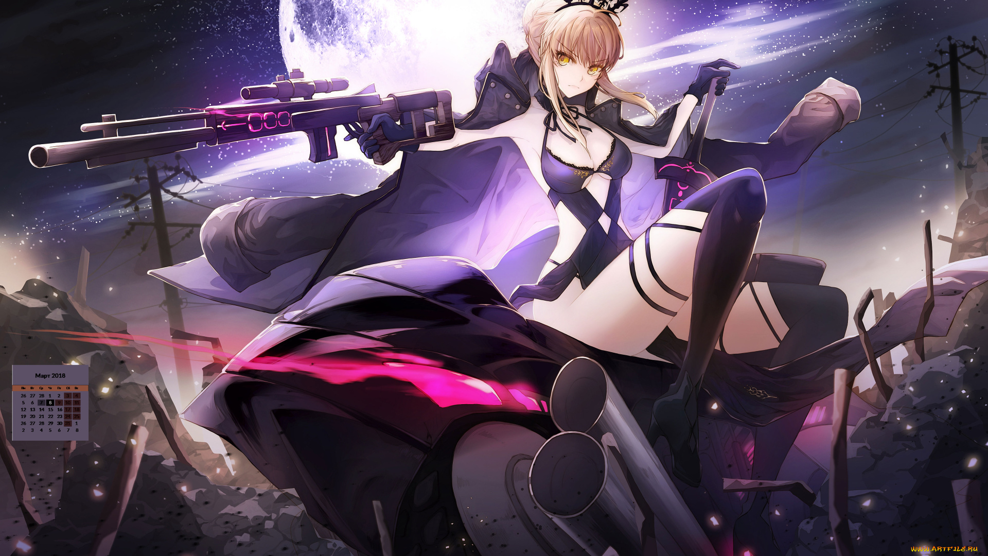 календари, аниме, оружие, девушка, взгляд, 2018
