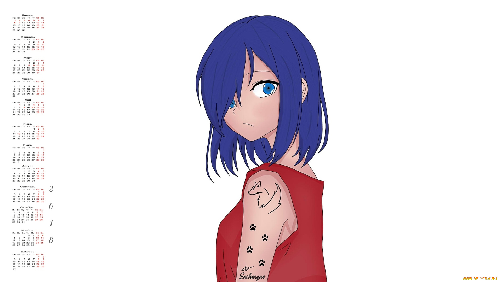 календари, аниме, взгляд, тату, девушка