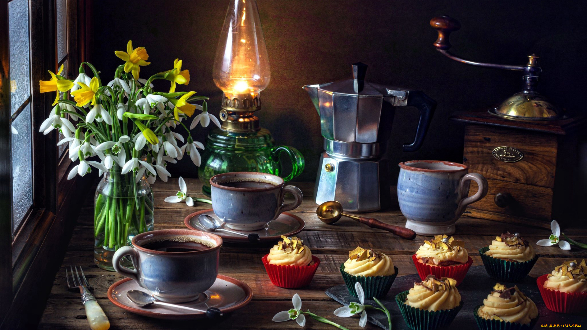 еда, натюрморт, кофе, кексы, кофемолка, букет