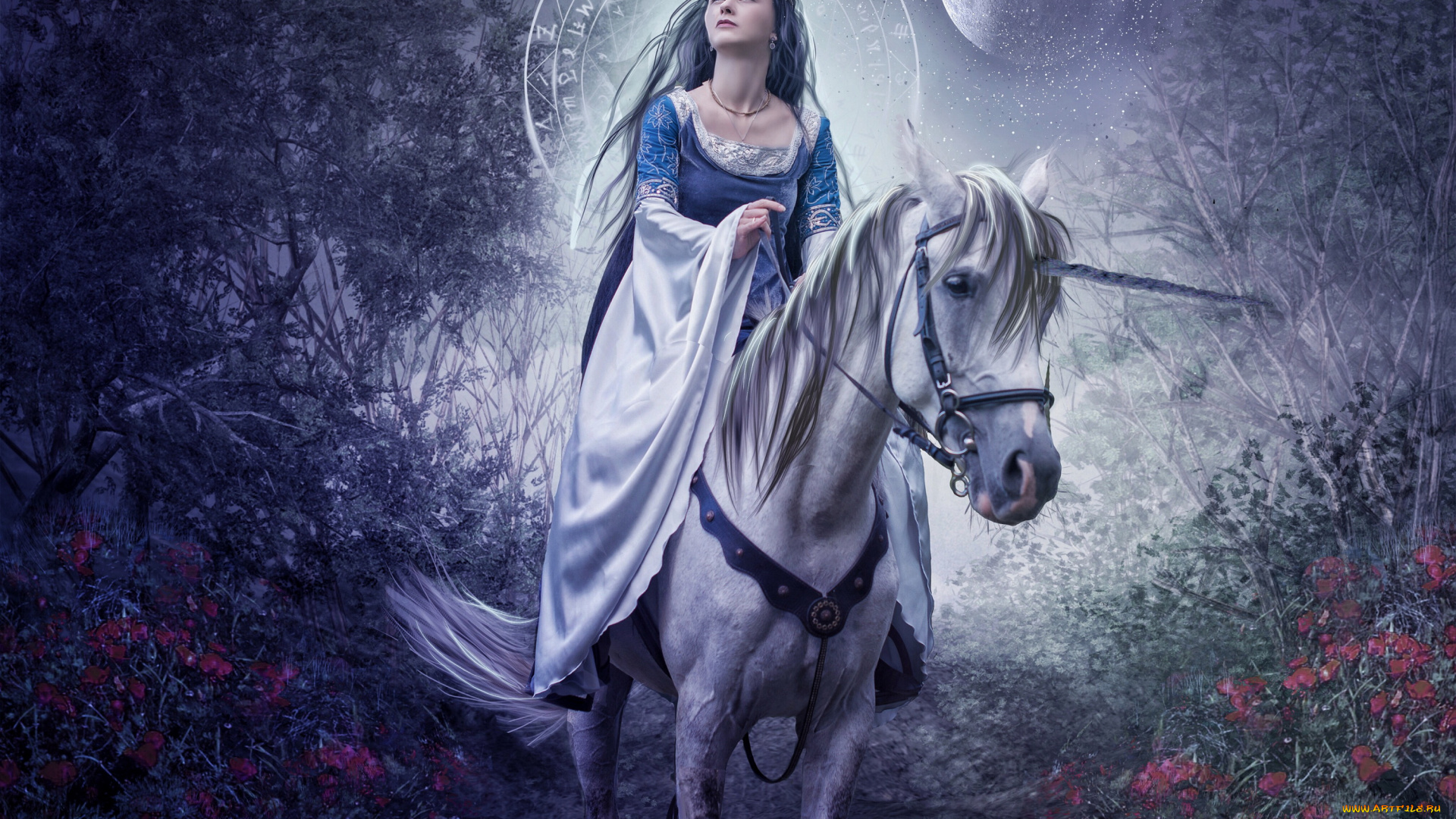 фэнтези, фотоарт, конь, платье, фон, девушка