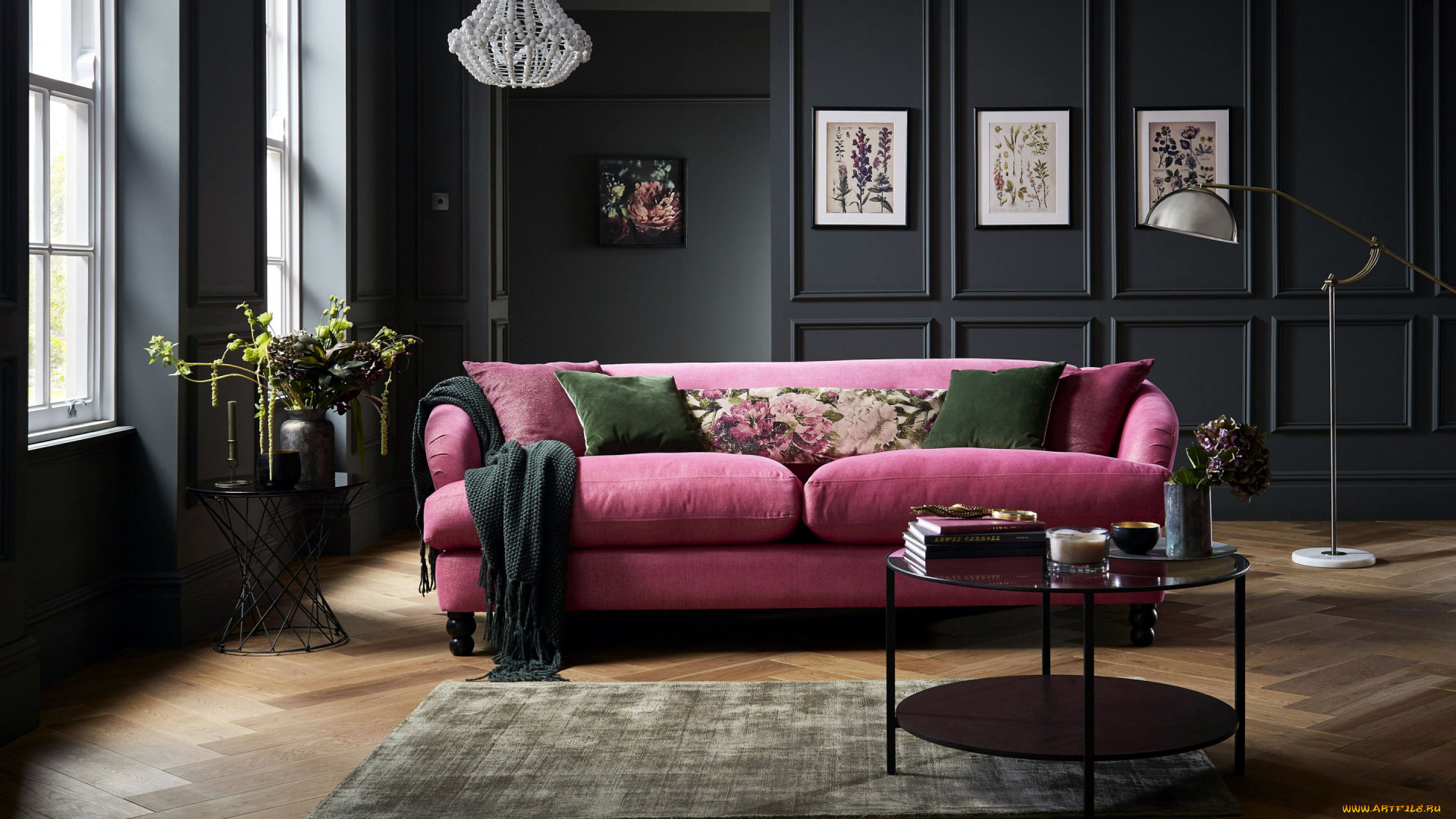 интерьер, гостиная, диван, подушки, столик