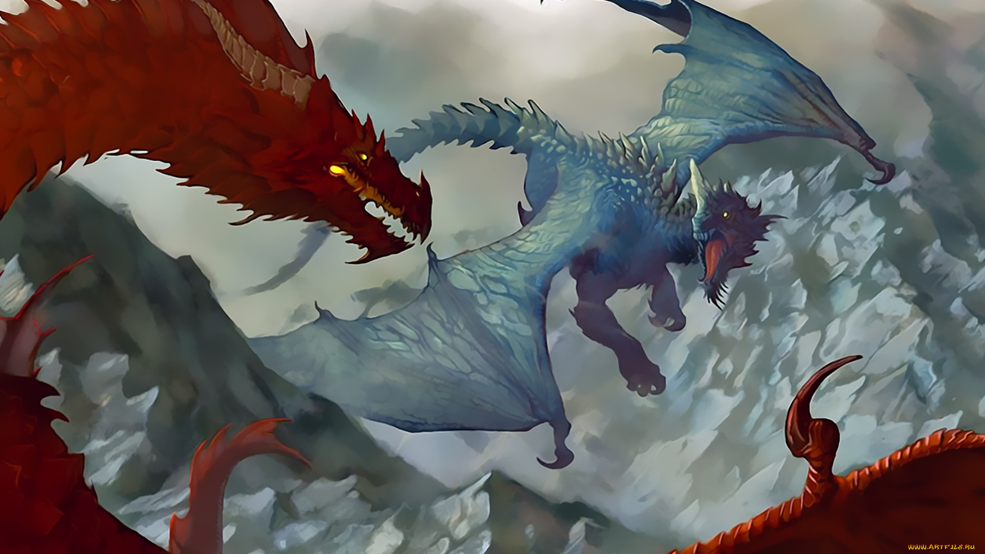 календари, фэнтези, дракон, двое, крылья, рога, полет, атака, calendar, 2020