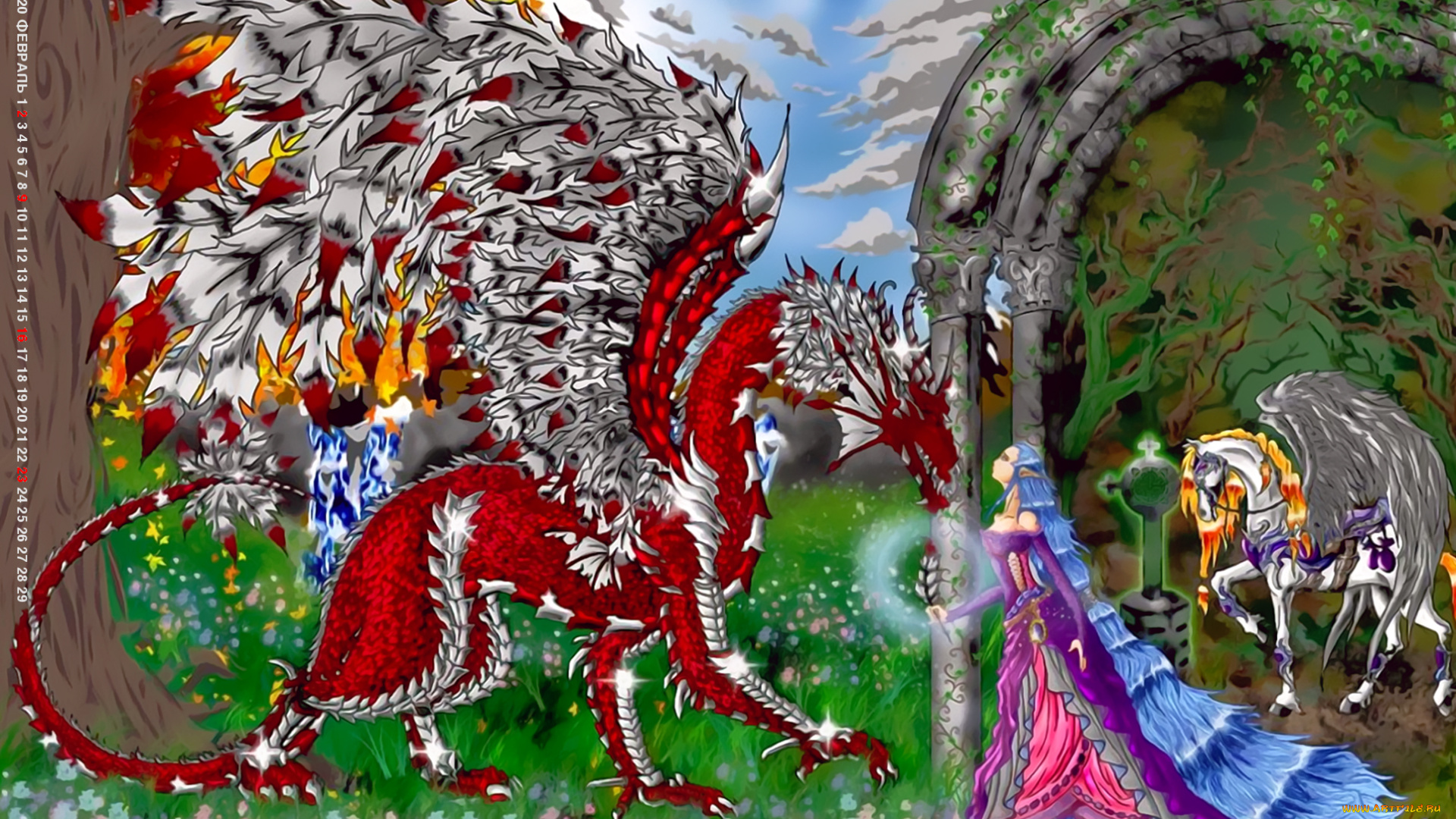 календари, фэнтези, дракон, крвсный, крылья, девушка, конь, лошадь, calendar, 2020