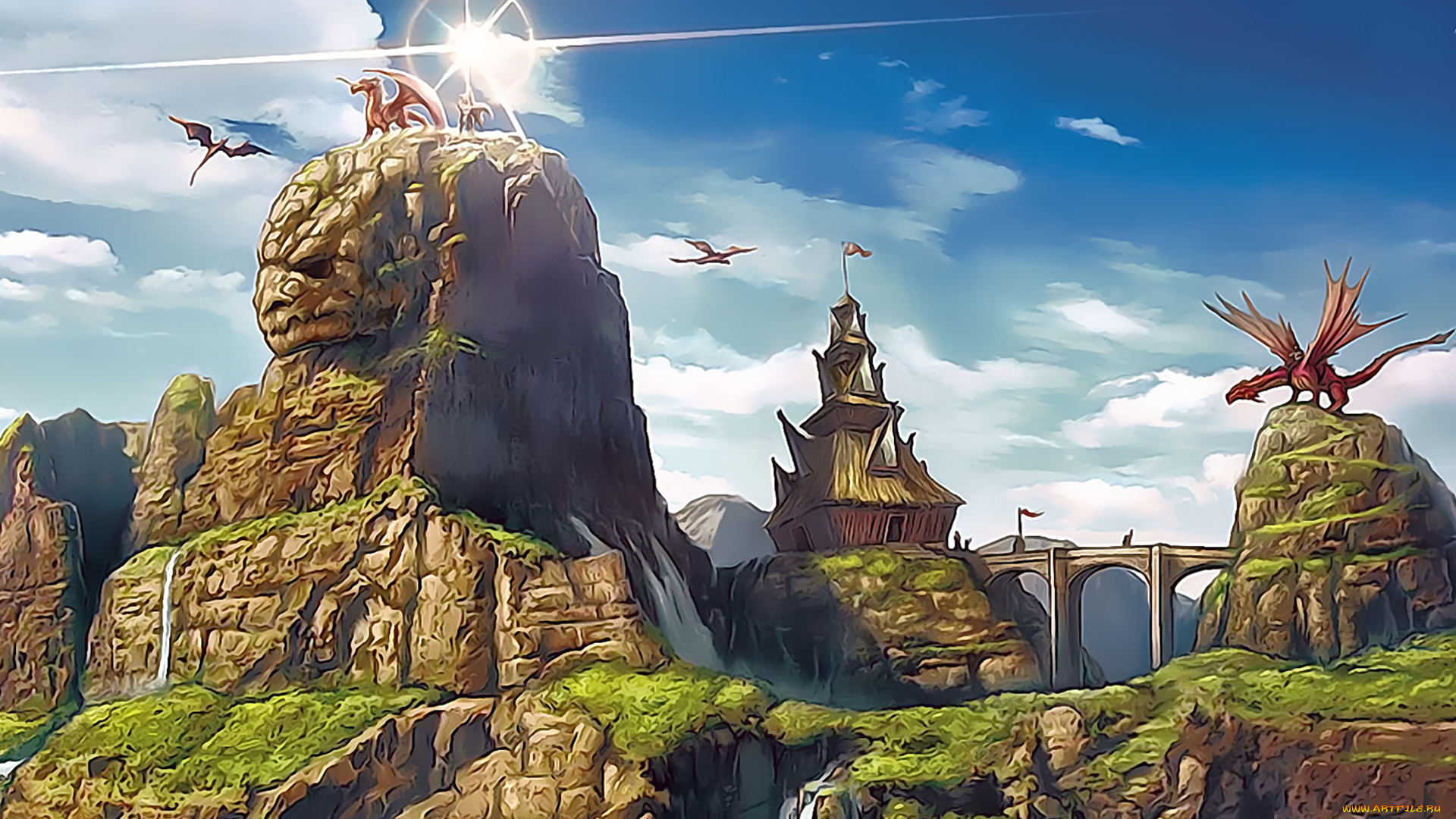 календари, фэнтези, природа, дракон, здание, архитектура, calendar, 2020