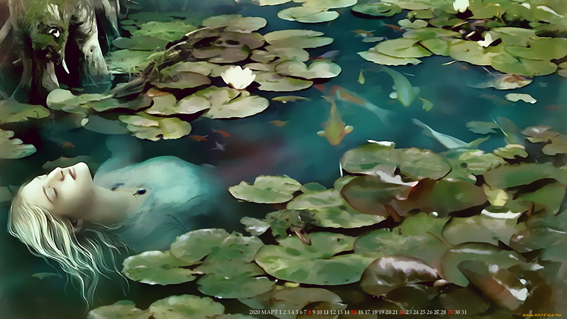 календари, фэнтези, рыба, водоем, девушка, 2020, calendar, вода, растение