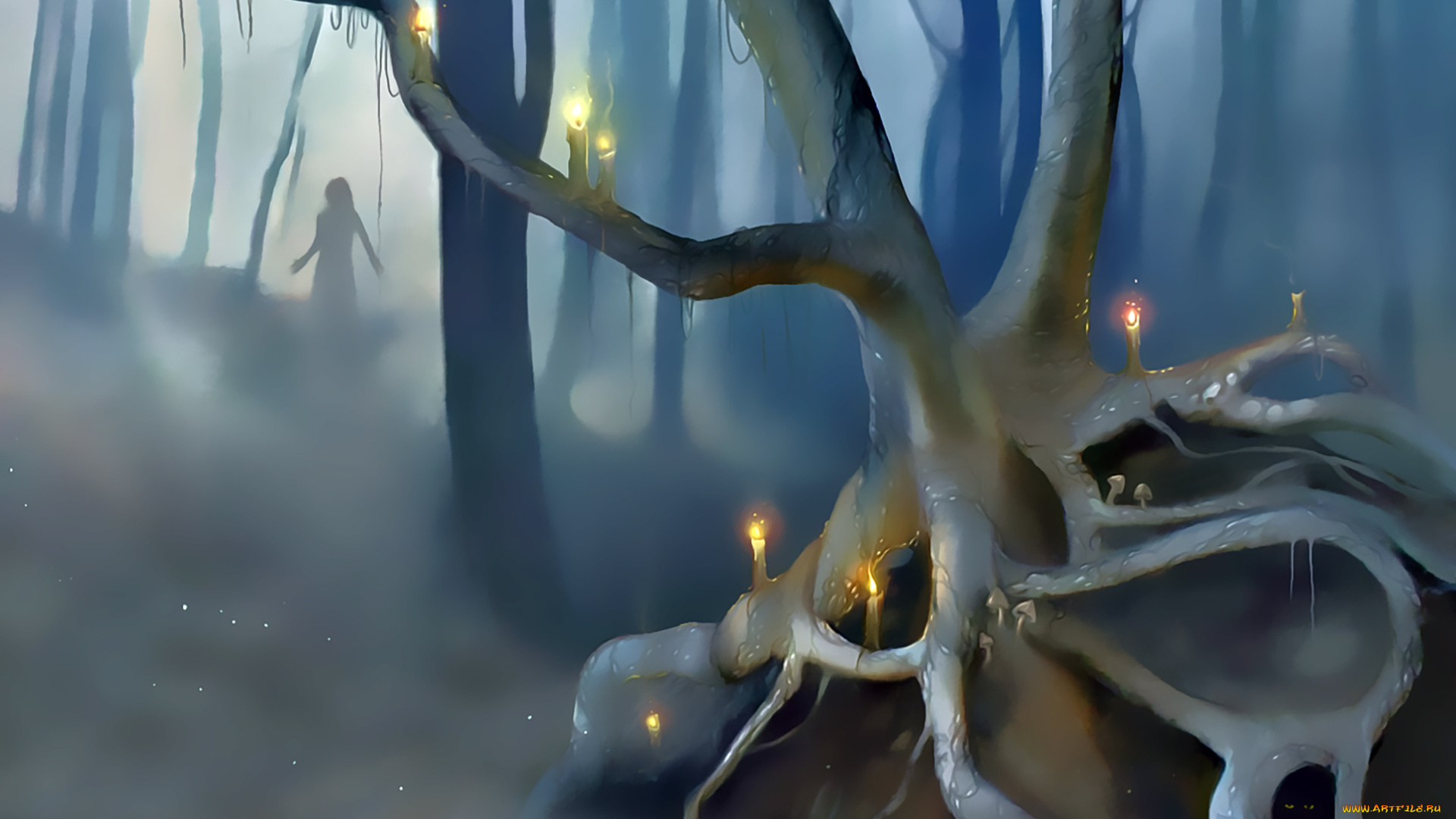 календари, фэнтези, силуэт, свеча, человек, деревья, 2020, calendar, ночь, лес