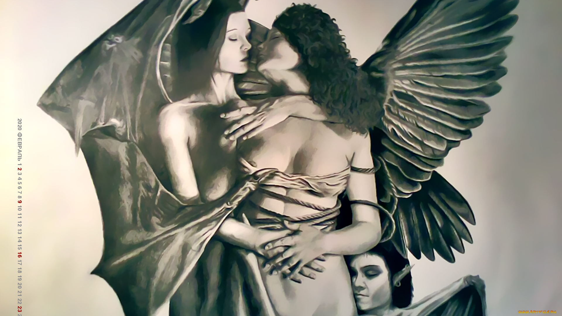 календари, фэнтези, существо, крылья, объятие, женщина, ласка, calendar, 2020