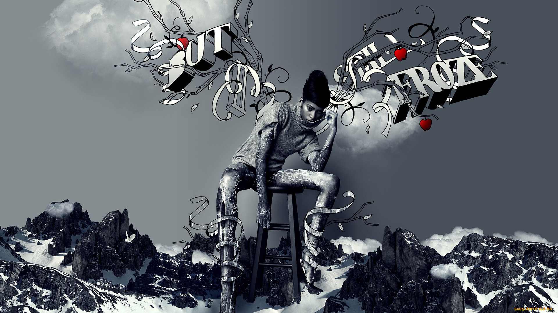 разное, компьютерный, дизайн, девушка, свитер, табурет, надпись, горы