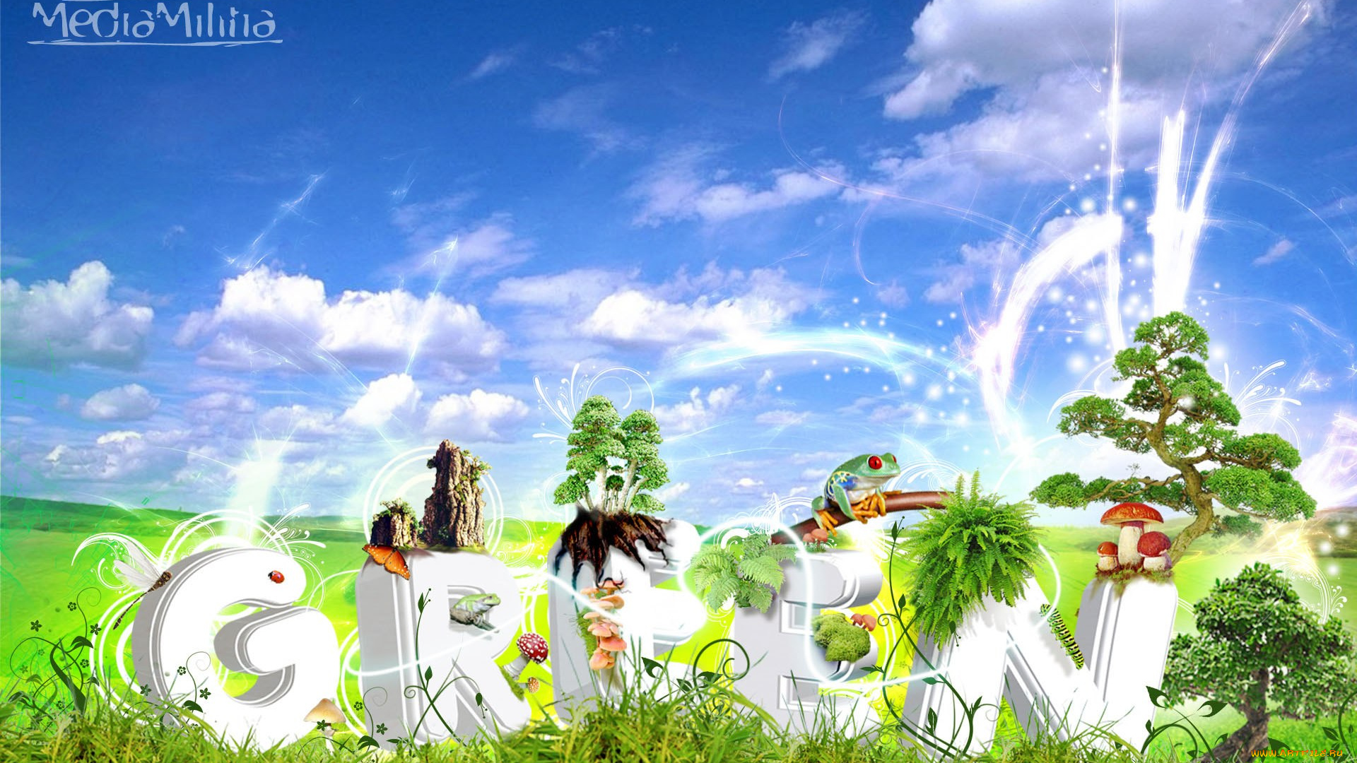 разное, компьютерный, дизайн, небо, облака, луга, буквы, растения, животные