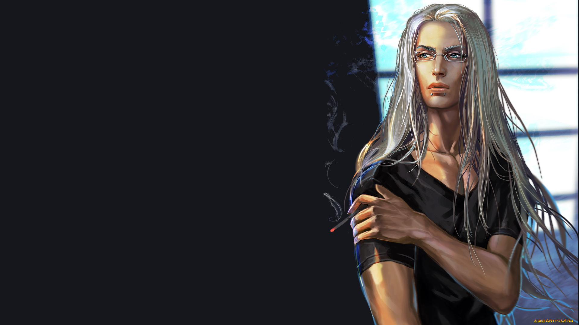 рисованное, люди, дым, сигарета, пирсинг, очки, блондин, парень