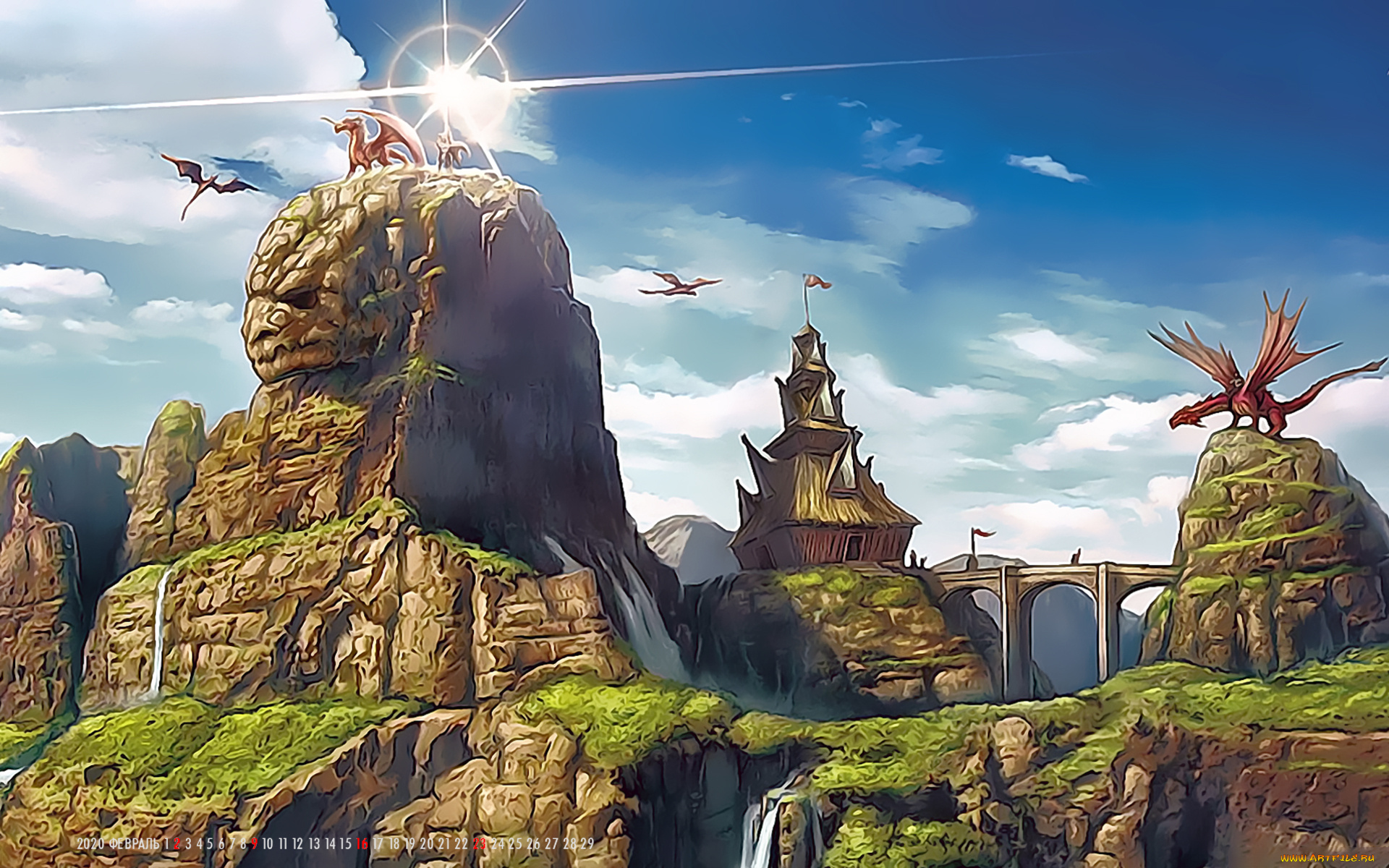 календари, фэнтези, природа, дракон, здание, архитектура, calendar, 2020